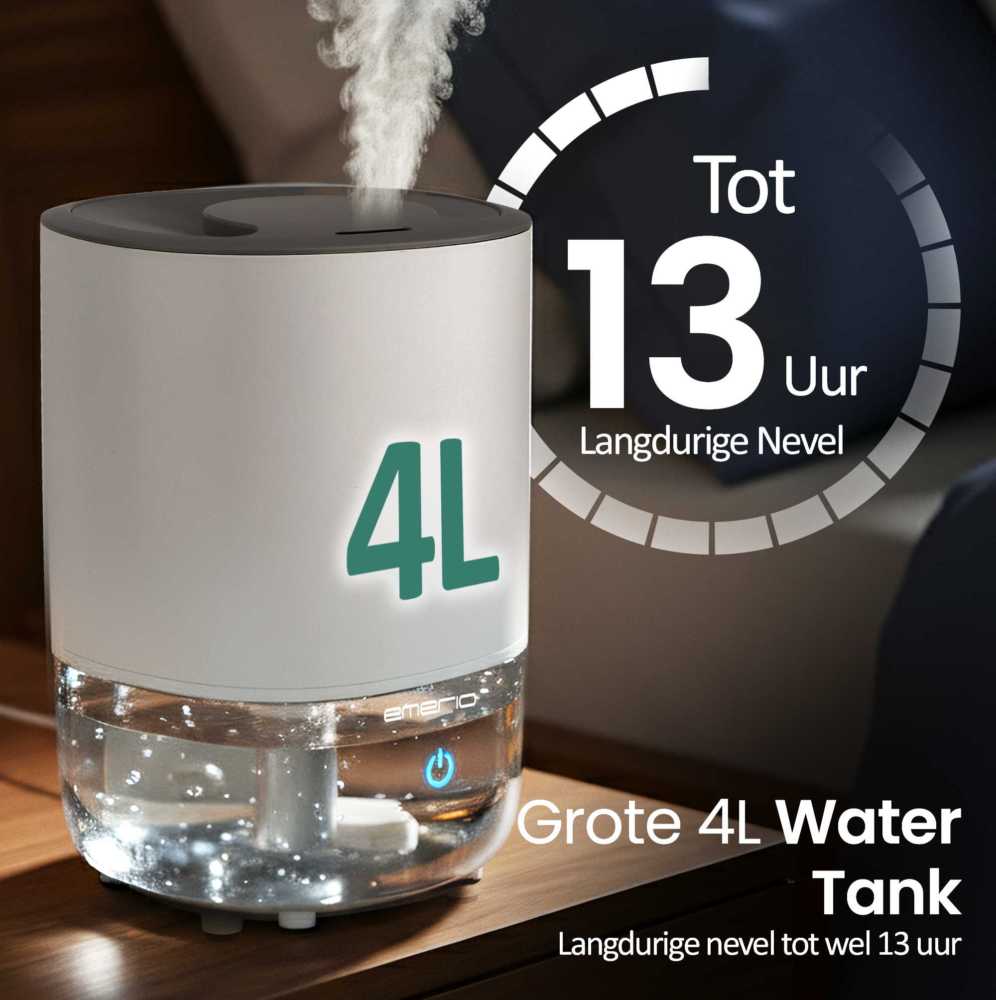 A white humidifier with a 4L capacity. It has a water tank with the power button lit. It can last up to 13 hours.