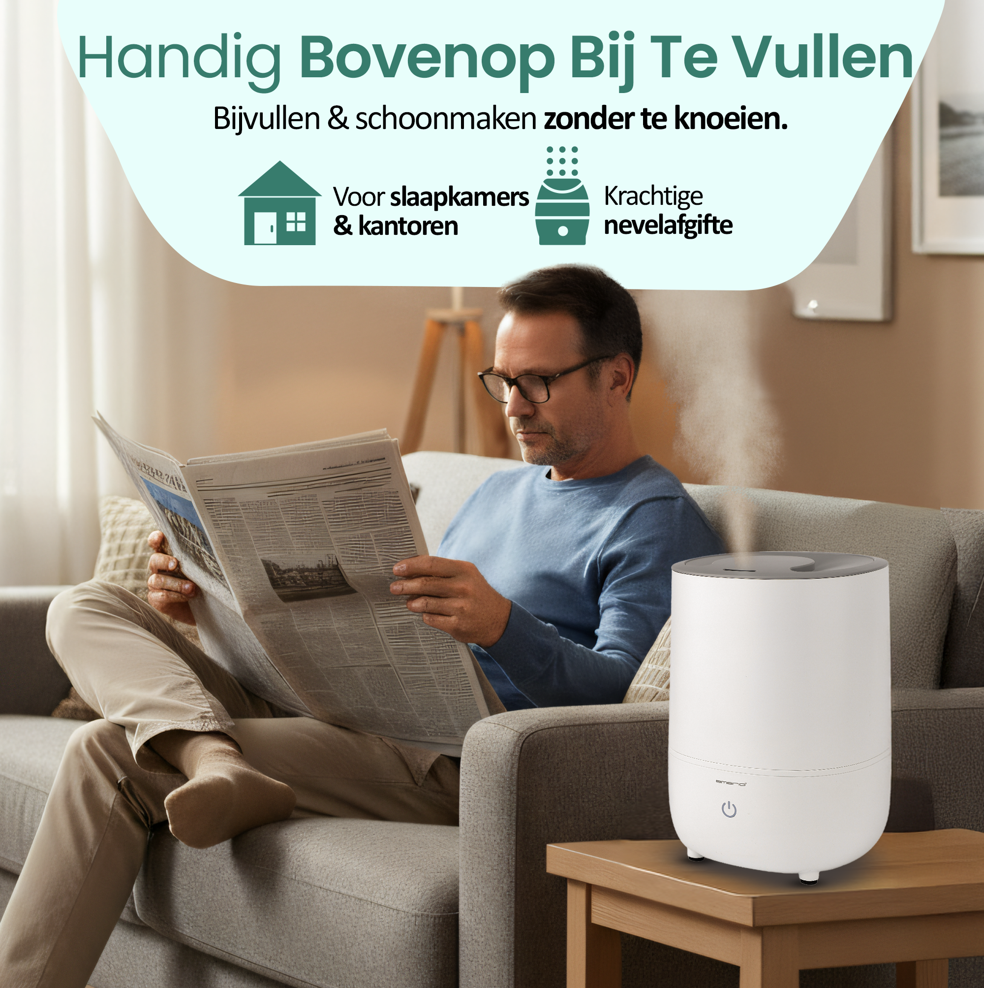 Man reading a newspaper, humidifier on the side, inside. Background has text and icons.