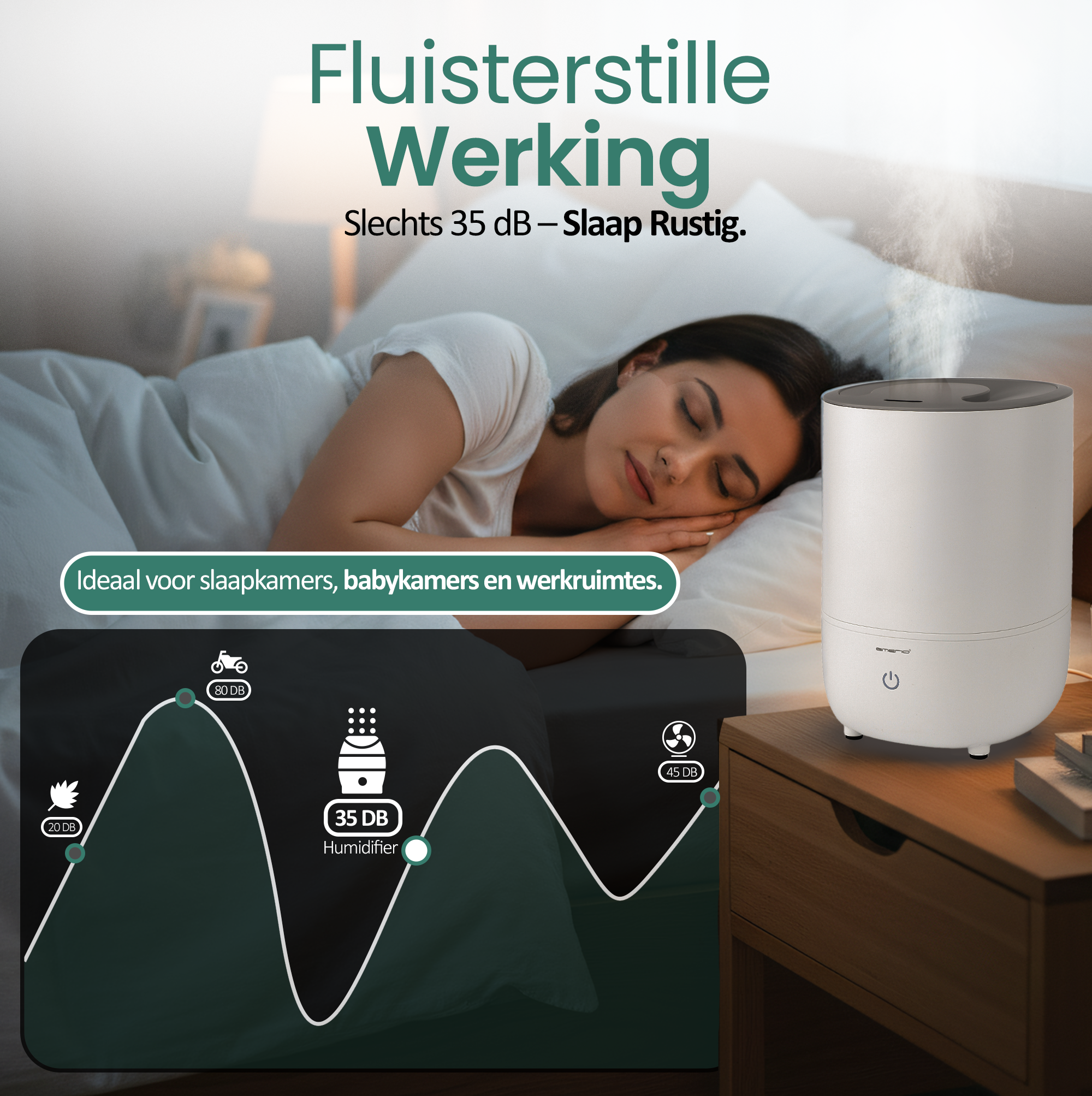 A woman sleeps in bed. A humidifier is on a nightstand. Text says 'Whisper quiet operation'.