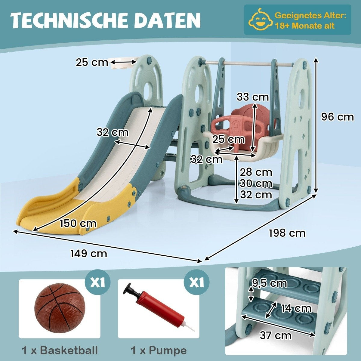 Un tobogán y columpio para niños con dimensiones. Incluye una pelota de baloncesto, una bomba y detalles para la edad.
