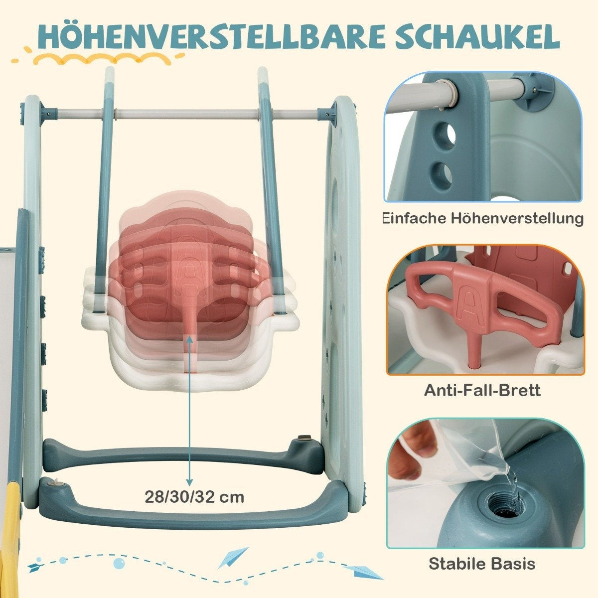 Un columpio ajustable en altura para niños. El columpio tiene un asiento rosa y soportes azules con características de estabilidad.