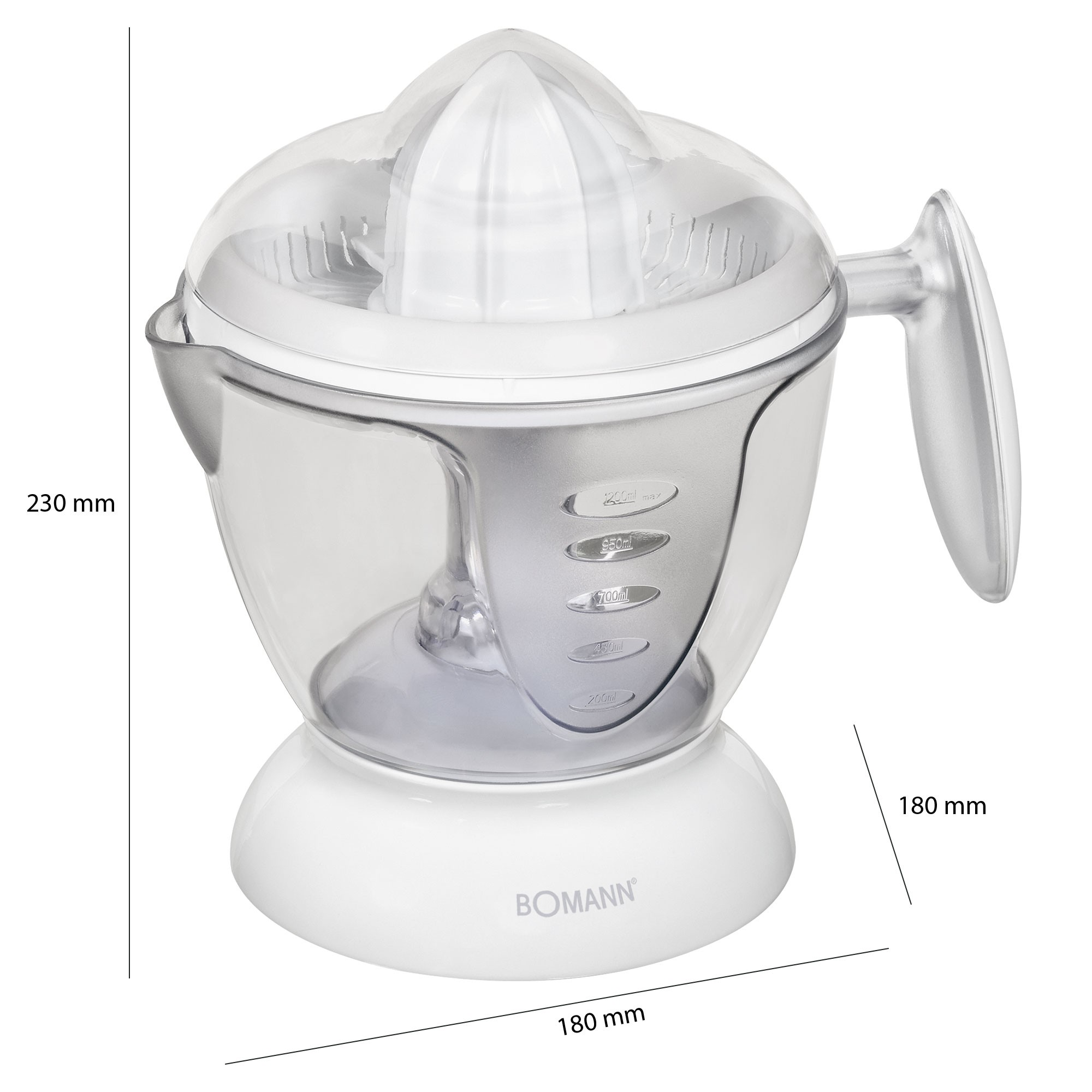 Biała i przezroczysta elektryczna wyciskarka do cytrusów. Ma przezroczysty wierzch, miarkę i uchwyt. Wymiary są wyświetlane.