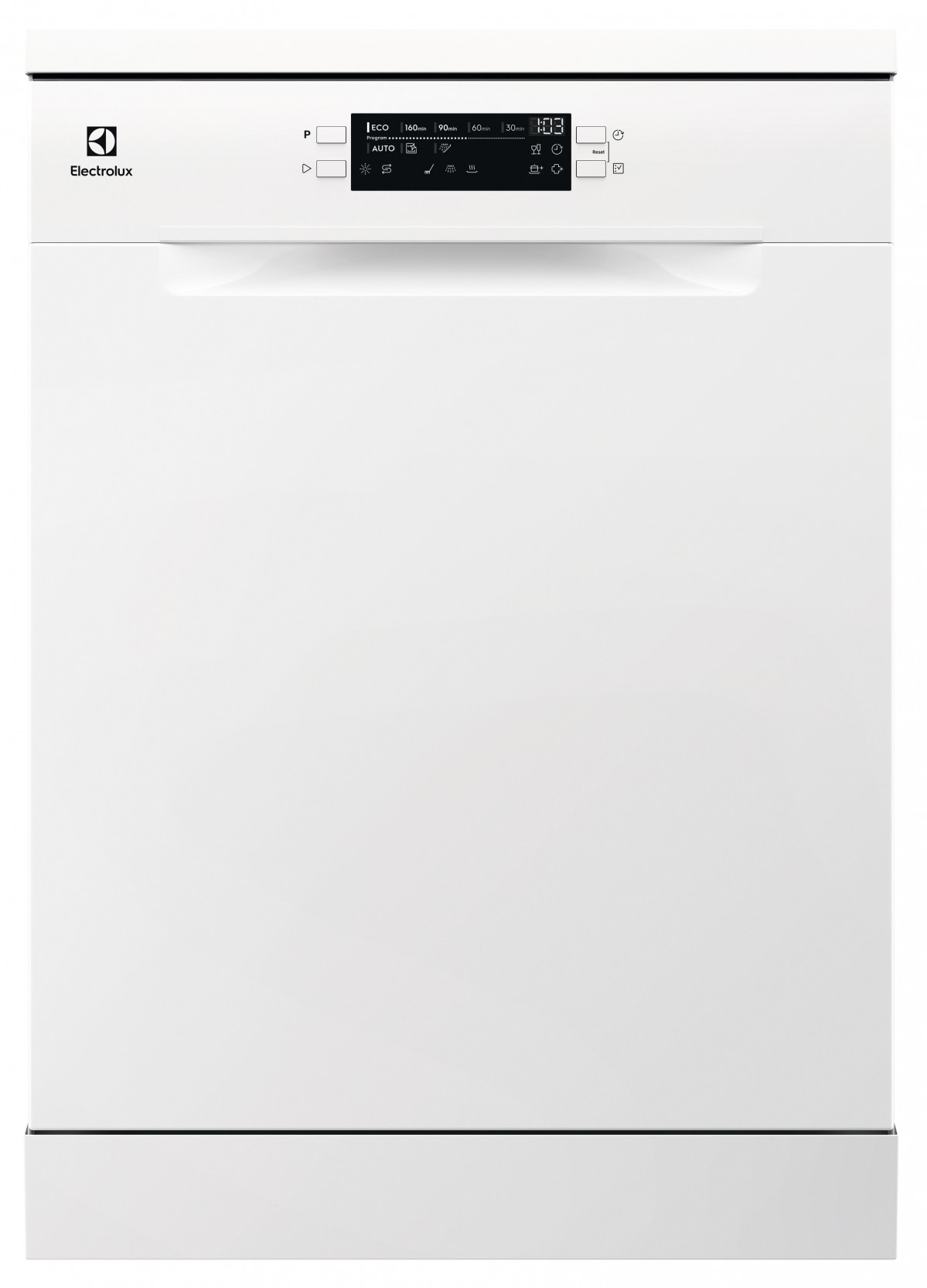 Biała zmywarka Electrolux. Posiada panel sterowania z ikonami i cyfrowy wyświetlacz z godziną.