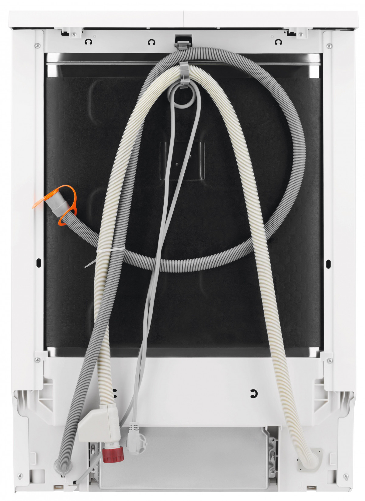 Widok z tyłu białej zmywarki. Widoczne są węże i złącza. Widoczne jest czarne wnętrze. Zawiera szary i pomarańczowy wąż.