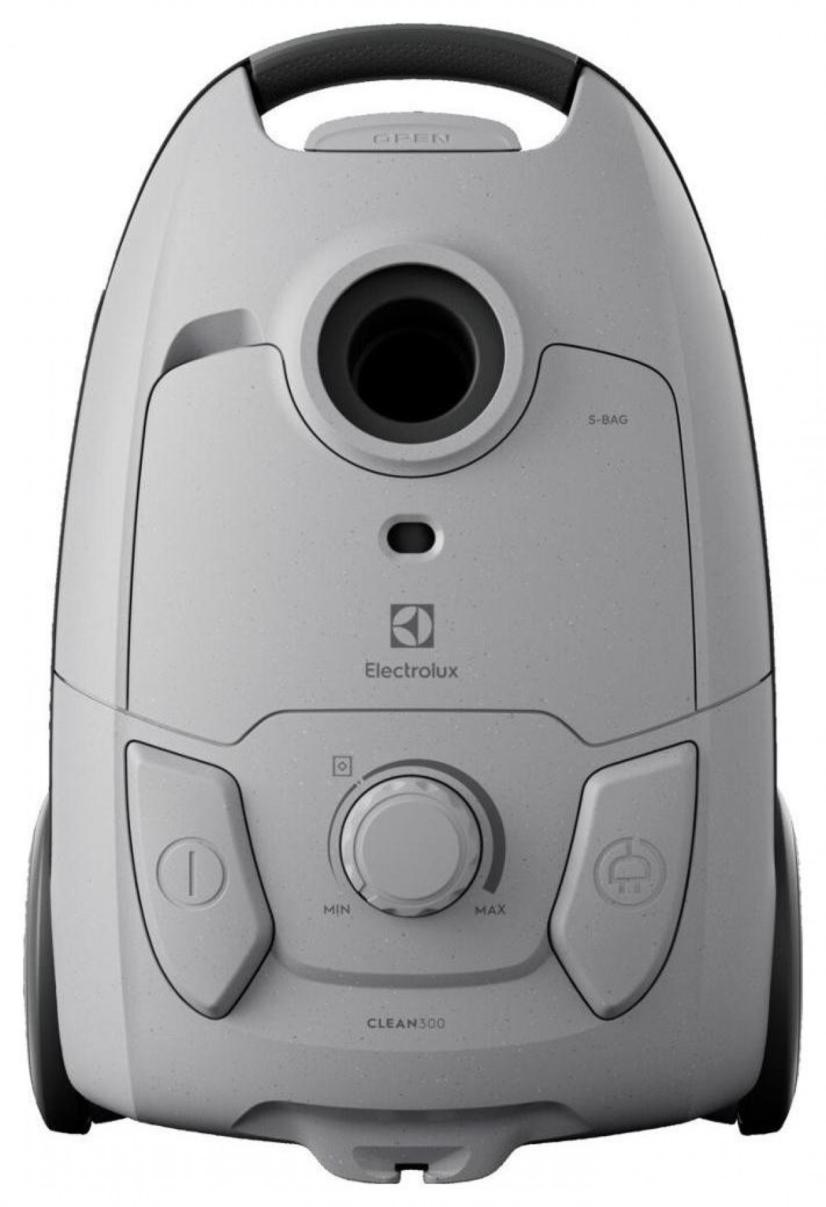 Szary odkurzacz Electrolux Clean 300. Ma uchwyt, centralne pokrętło i przyciski zasilania i ustawień.