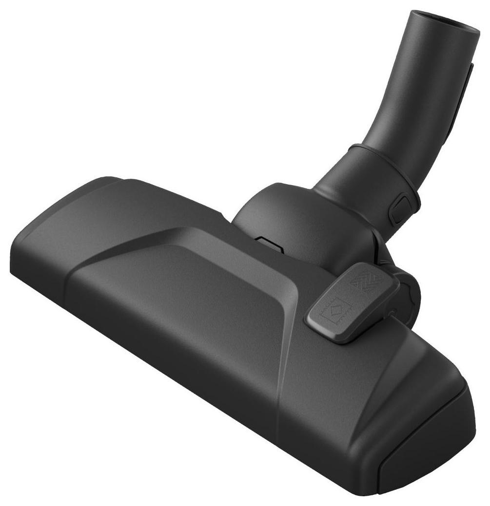 Zbliżenie czarnej nasadki do odkurzacza. Ma prostokątną głowicę, zakrzywioną szyję i mały przycisk.