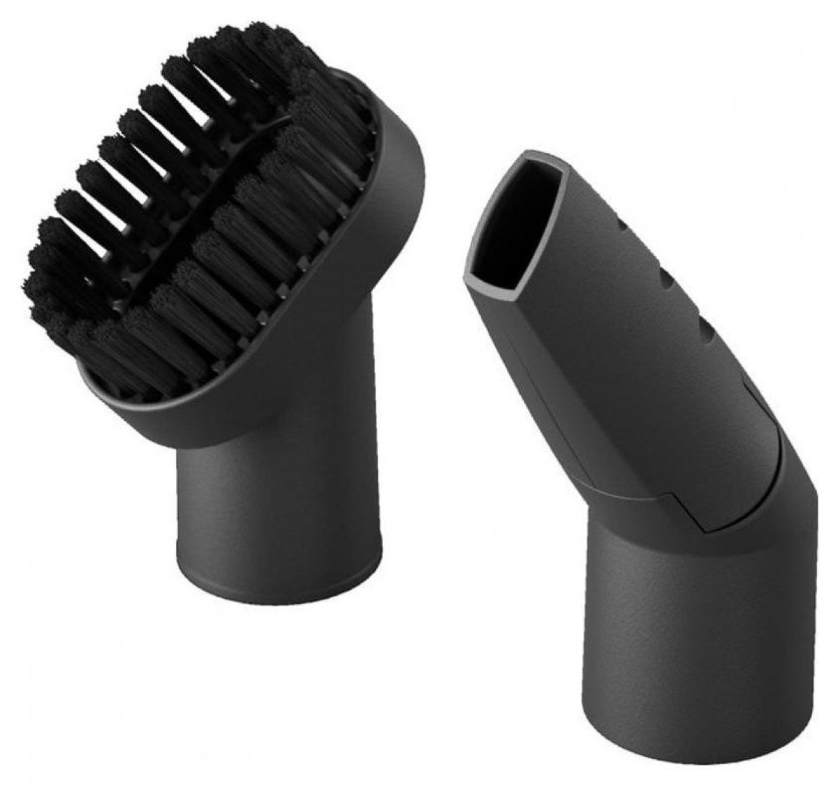 Dwa czarne nasadki do odkurzacza. Jedna z główką szczotki, druga dysza.