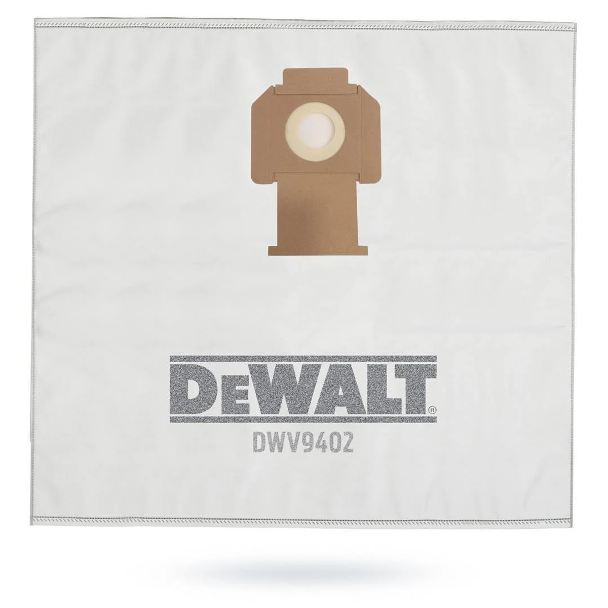 Biały worek do odkurzacza DeWalt z brązową, kartonową częścią filtra u góry. Logo DeWalt i DWW9402 wydrukowane poniżej.