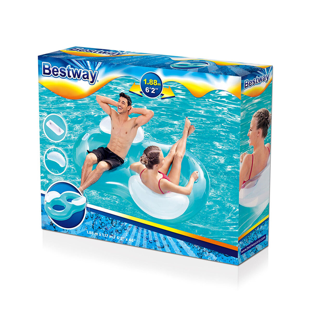La caja muestra a dos personas en flotadores inflables para piscina. La caja es azul con el logo 'Bestway' y dimensiones.
