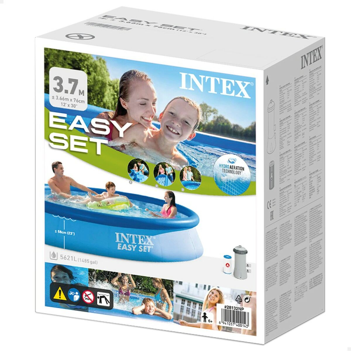 Pudełko przedstawia rodzinę w basenie. Pudełko jest białe z niebieskim tekstem 'Easy Set'. Widoczne logo Intex.