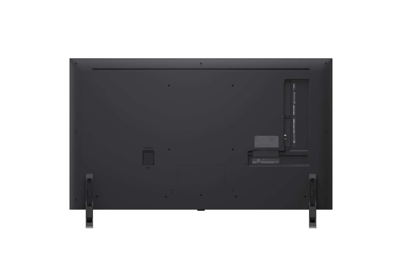 Widok z tyłu dużego, ciemnoszarego telewizora z płaskim ekranem na białym tle. Ma porty, wejście zasilania i dwie srebrne nogi.