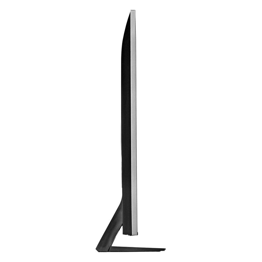 A side view of a black TV with a silver frame. The TV stands on a black base against a white background.