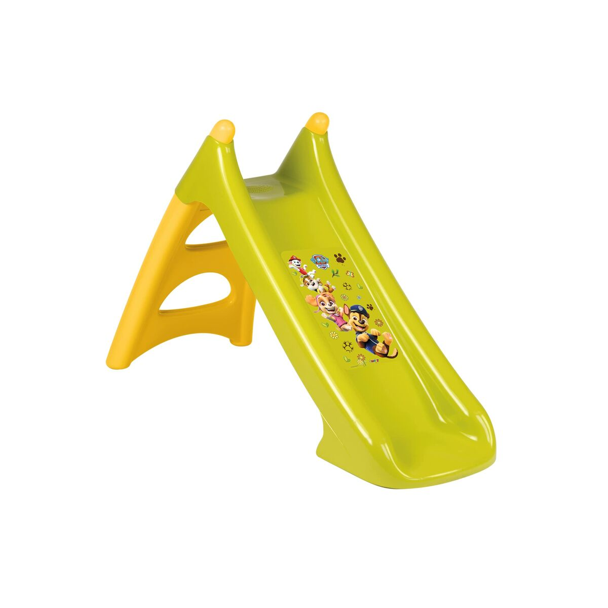 Un tobogán de plástico verde y amarillo para niños, decorado con personajes de Paw Patrol. El tobogán está sobre un fondo blanco.