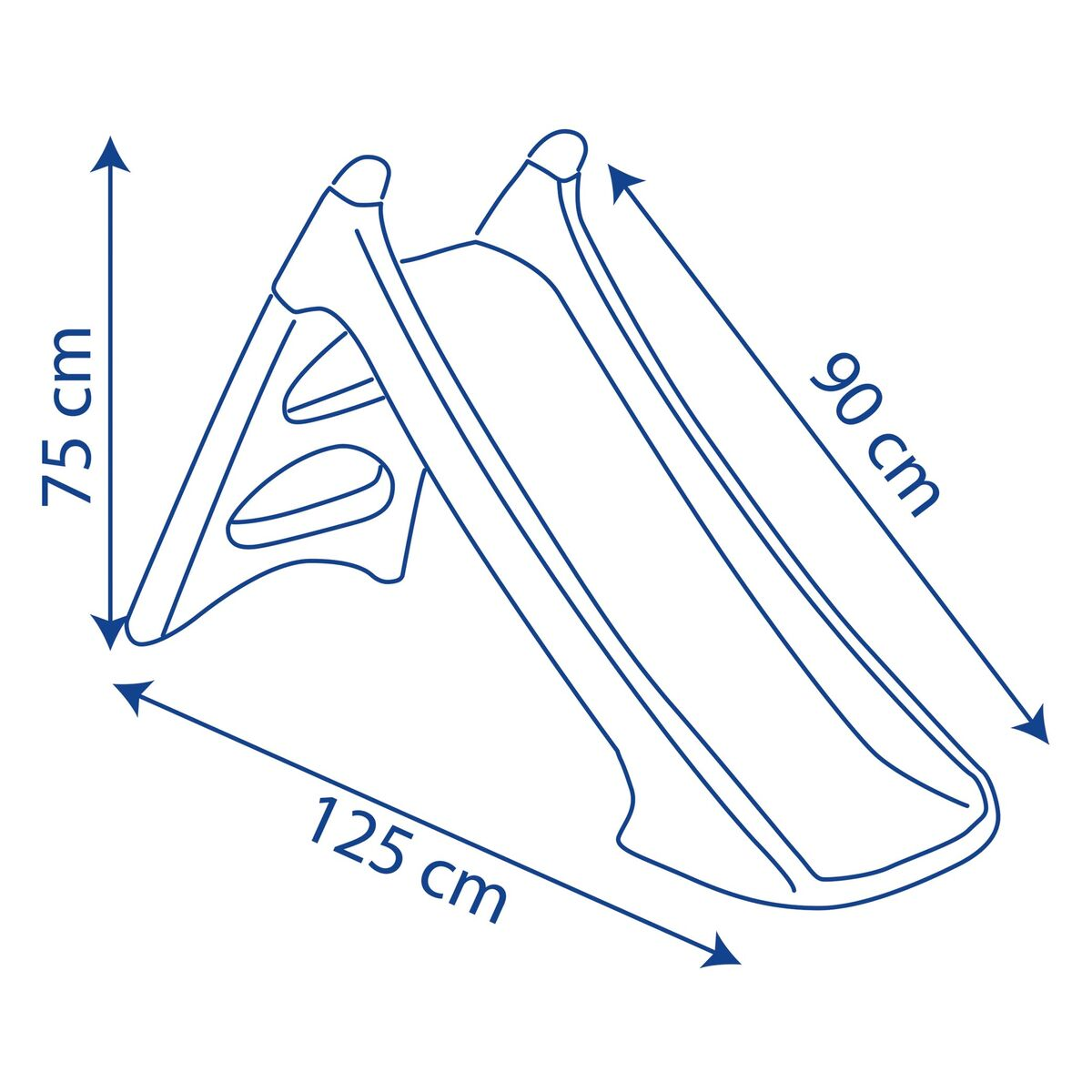 Dibujo lineal de un tobogán de plástico azul. Mide 75 cm de alto, 125 cm de largo y la superficie de deslizamiento mide 90 cm.