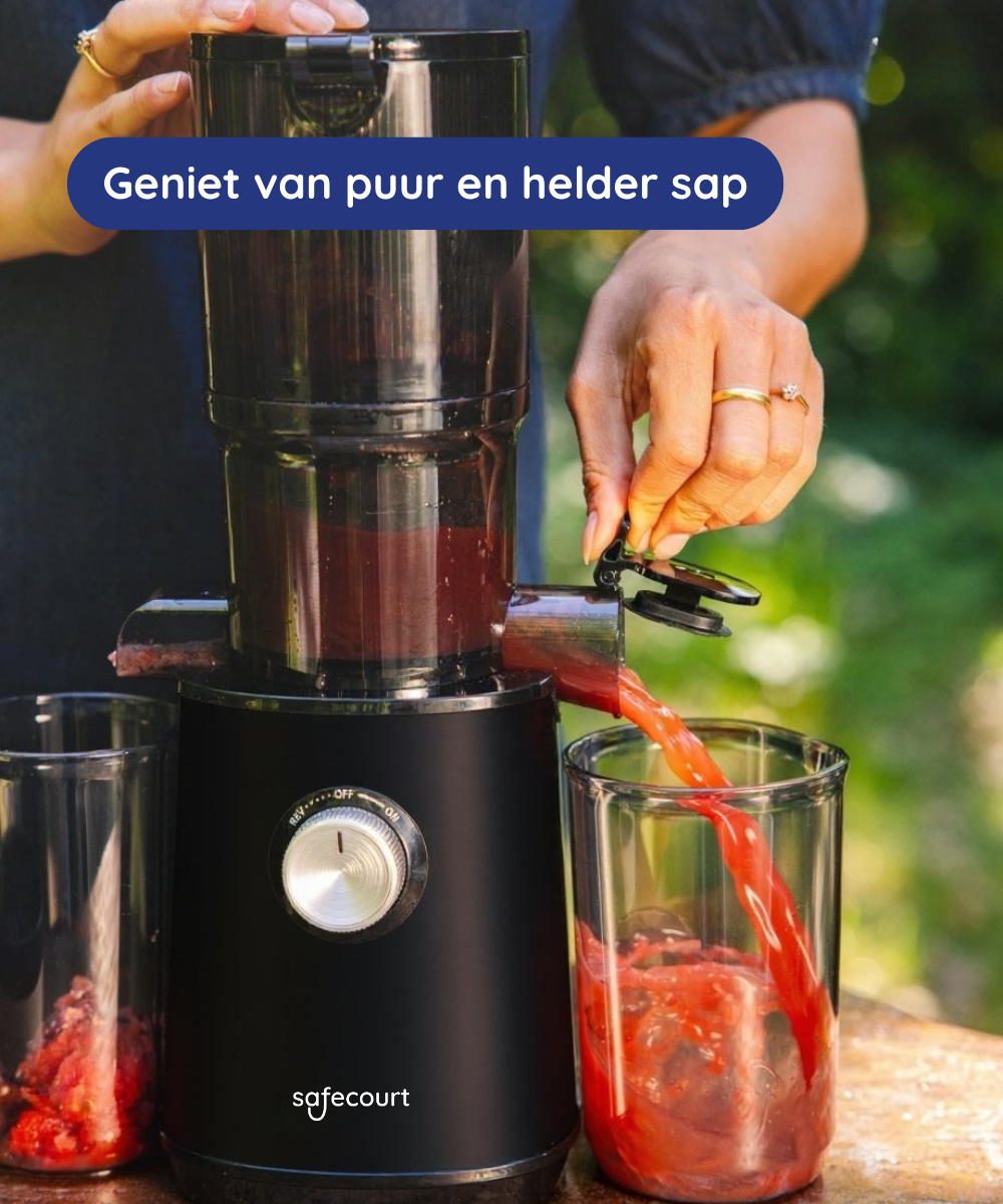 A person is pouring red juice from a black juicer into a glass. Two glasses are on a wooden surface. Text says 'Enjoy pure juice'.