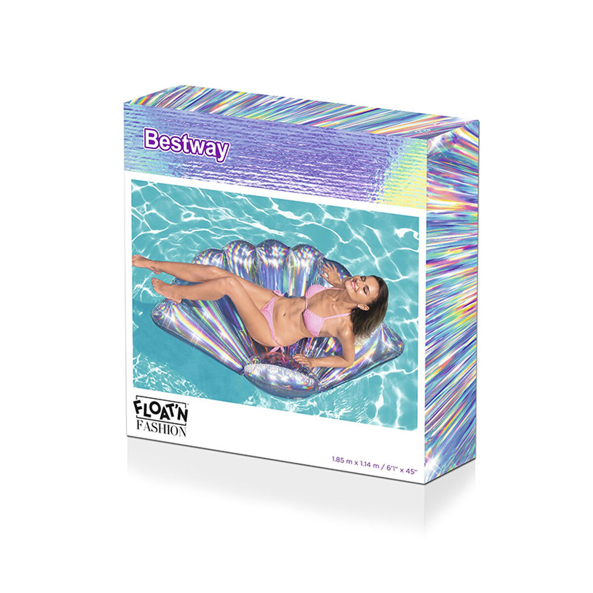 La scatola mostra una donna in bikini rosa sdraiata su un galleggiante a forma di conchiglia nell'acqua. La scatola ha il logo Bestway e il logo Float'n Fashion.