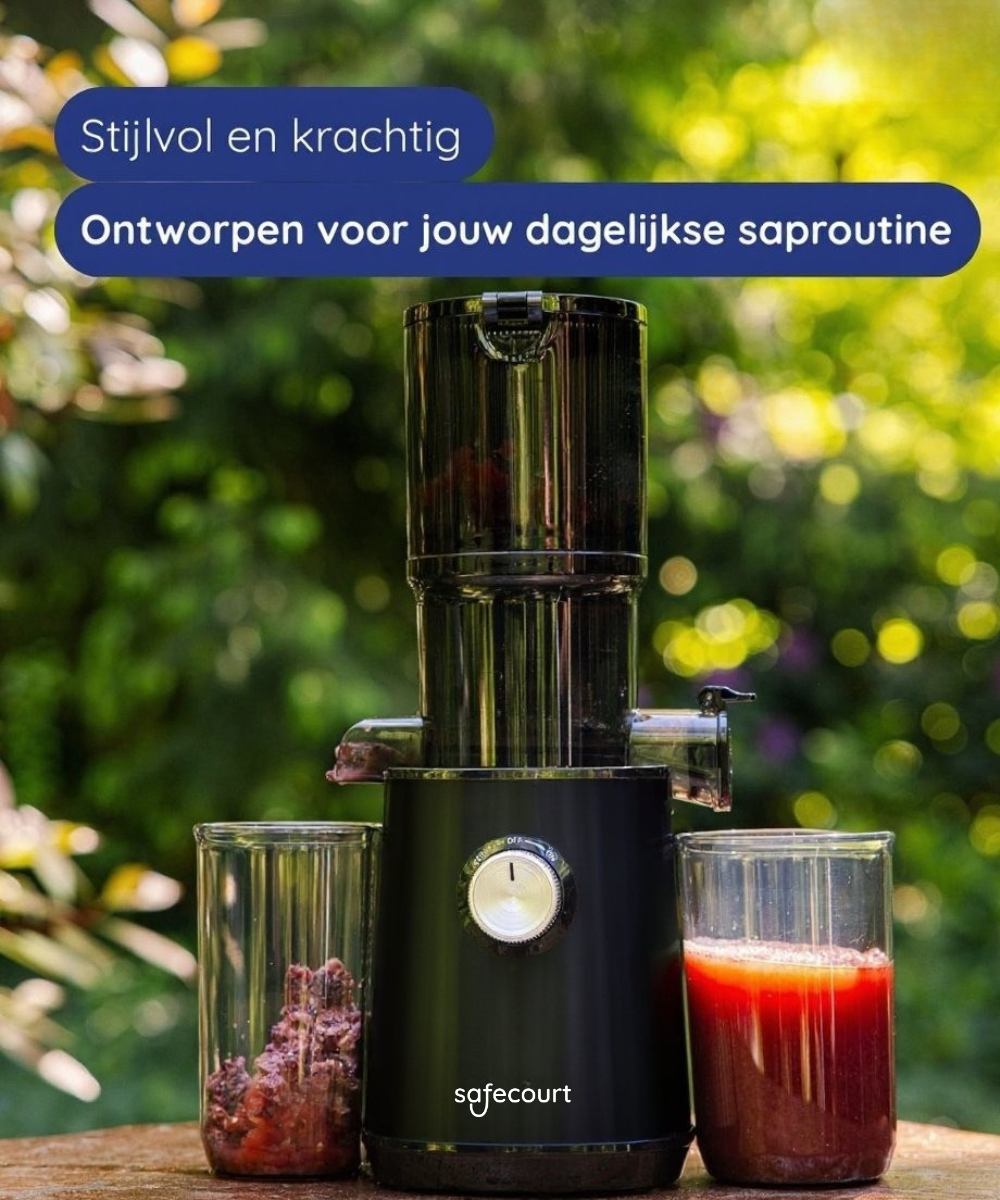 A black juicer with two glasses, one with pulp, the other with juice. Green foliage in background, text in blue boxes.