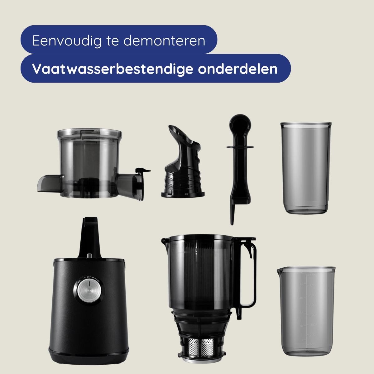 Juicer components are displayed, including a base, several black and transparent parts, and a measuring cup, all on a beige background.