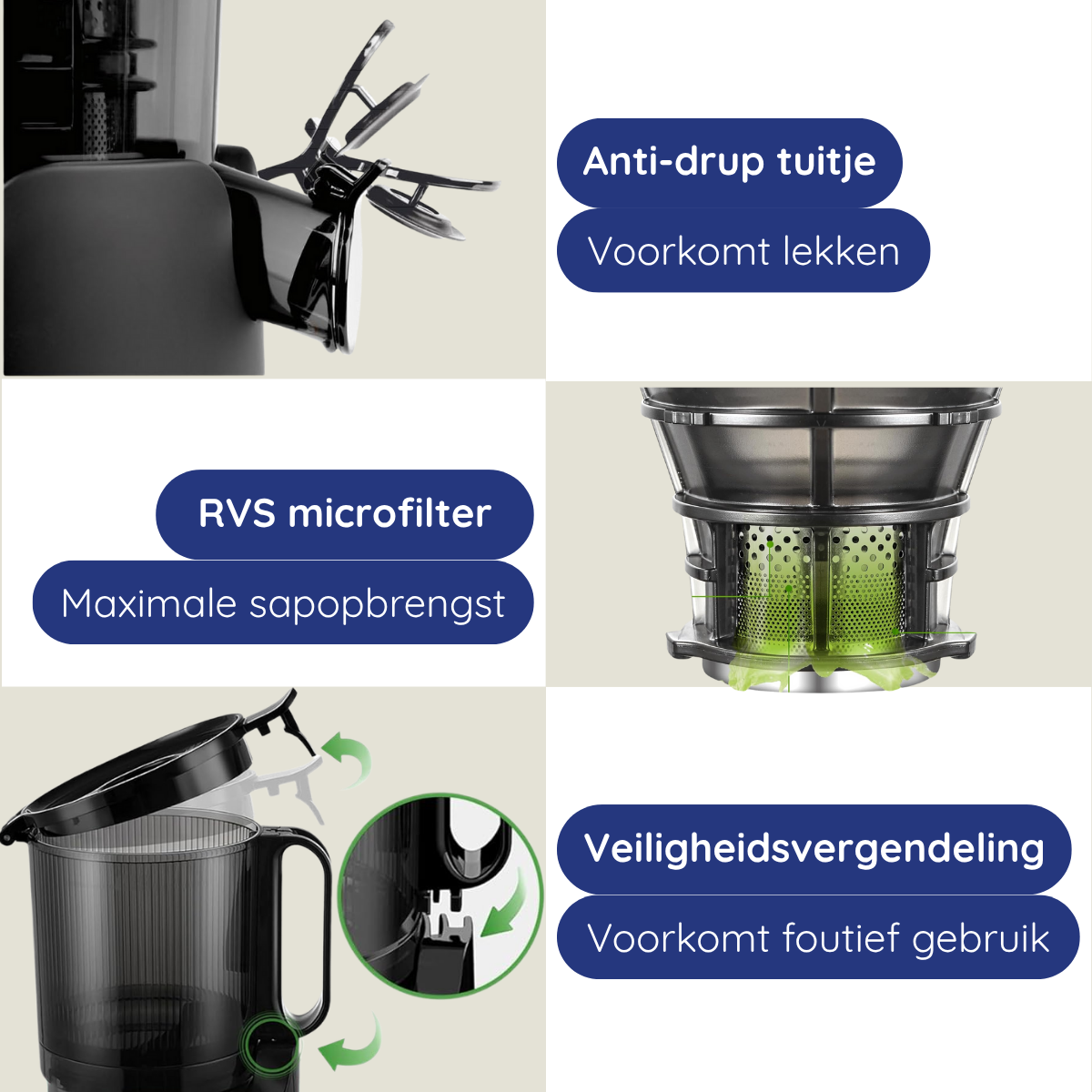 Image shows parts of a juicer. Features include anti-drip spout, RVS microfilter, and safety lock. The parts are black and silver.