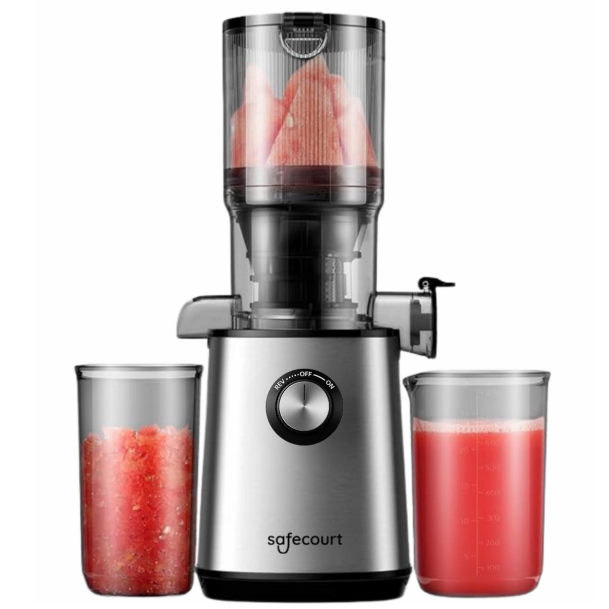 A silver juicer with watermelon chunks inside. Two glass containers, one with pulp, another with juice. The brand is 'safecourt'.