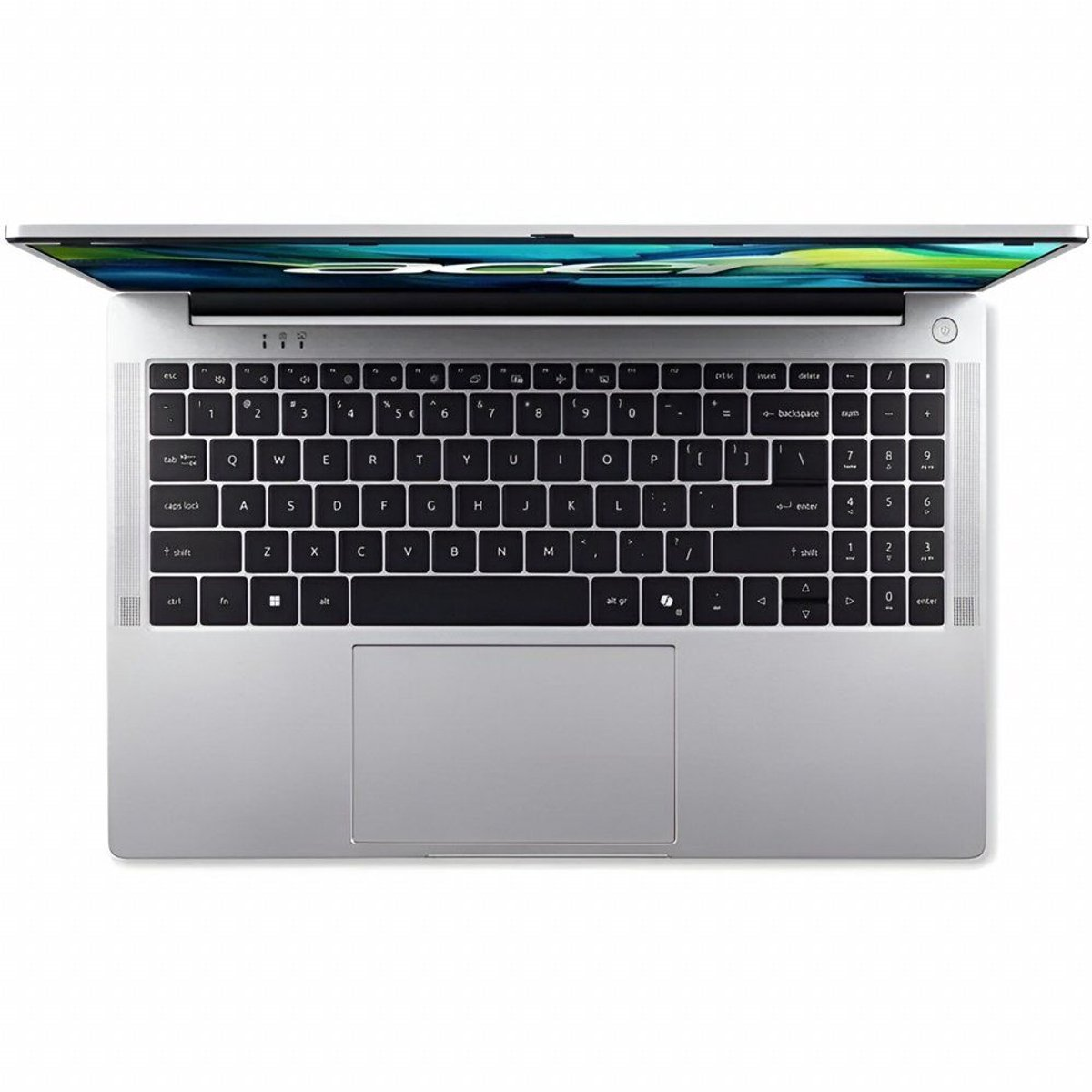 A silver laptop is open, showing a black keyboard and a touchpad. The screen is up. The background is white.