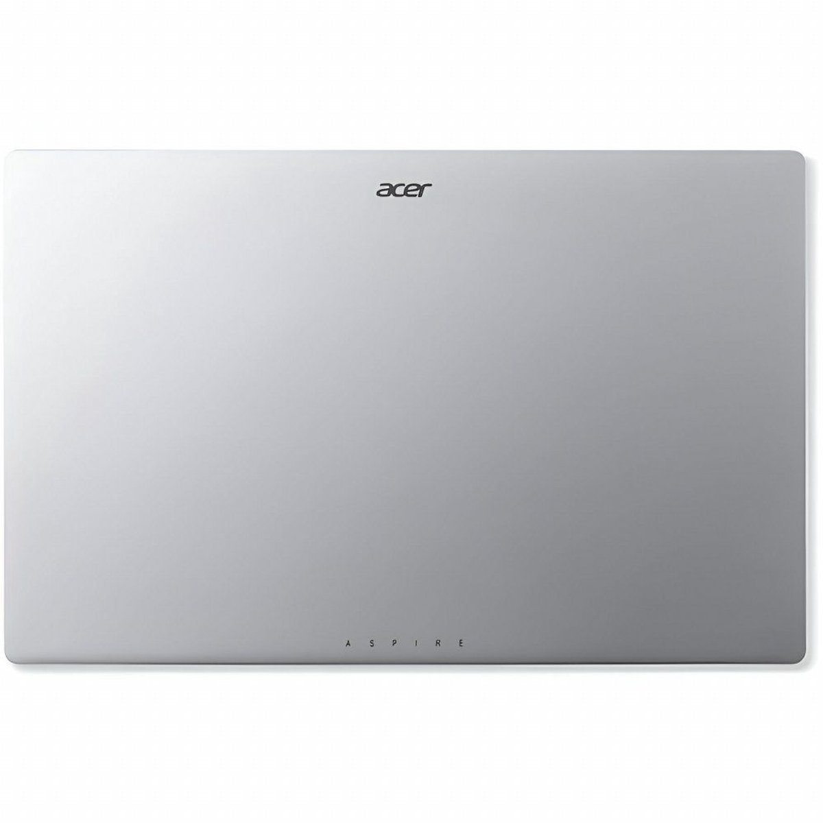 Silver laptop. Acer logo at top. 'Aspire' at the bottom. The laptop is on a white surface.