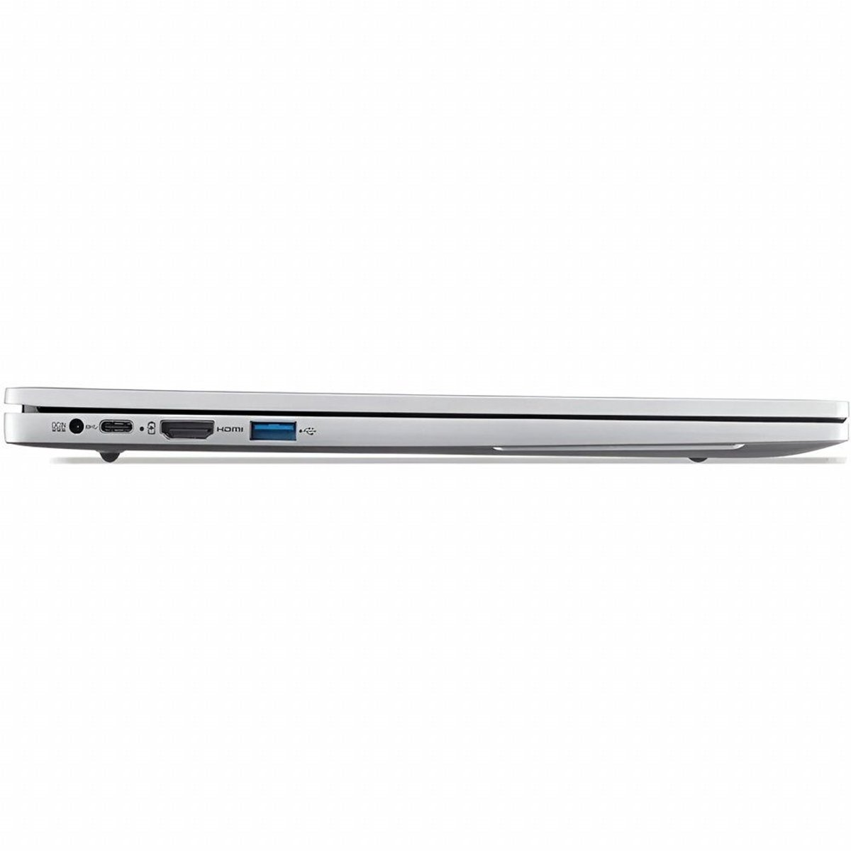 Side view of a silver laptop. Ports include audio jack, USB-C, HDMI, USB, and power. The laptop is closed and slim.