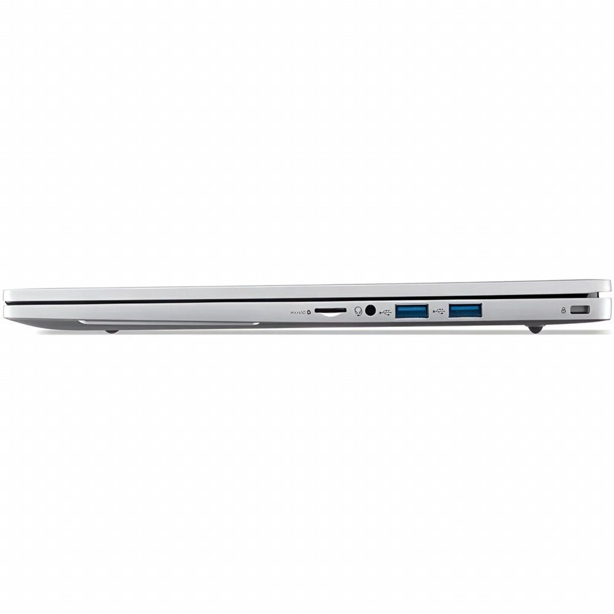 A side view of a silver laptop. Visible ports include a microSD slot, USB ports, and a power button.