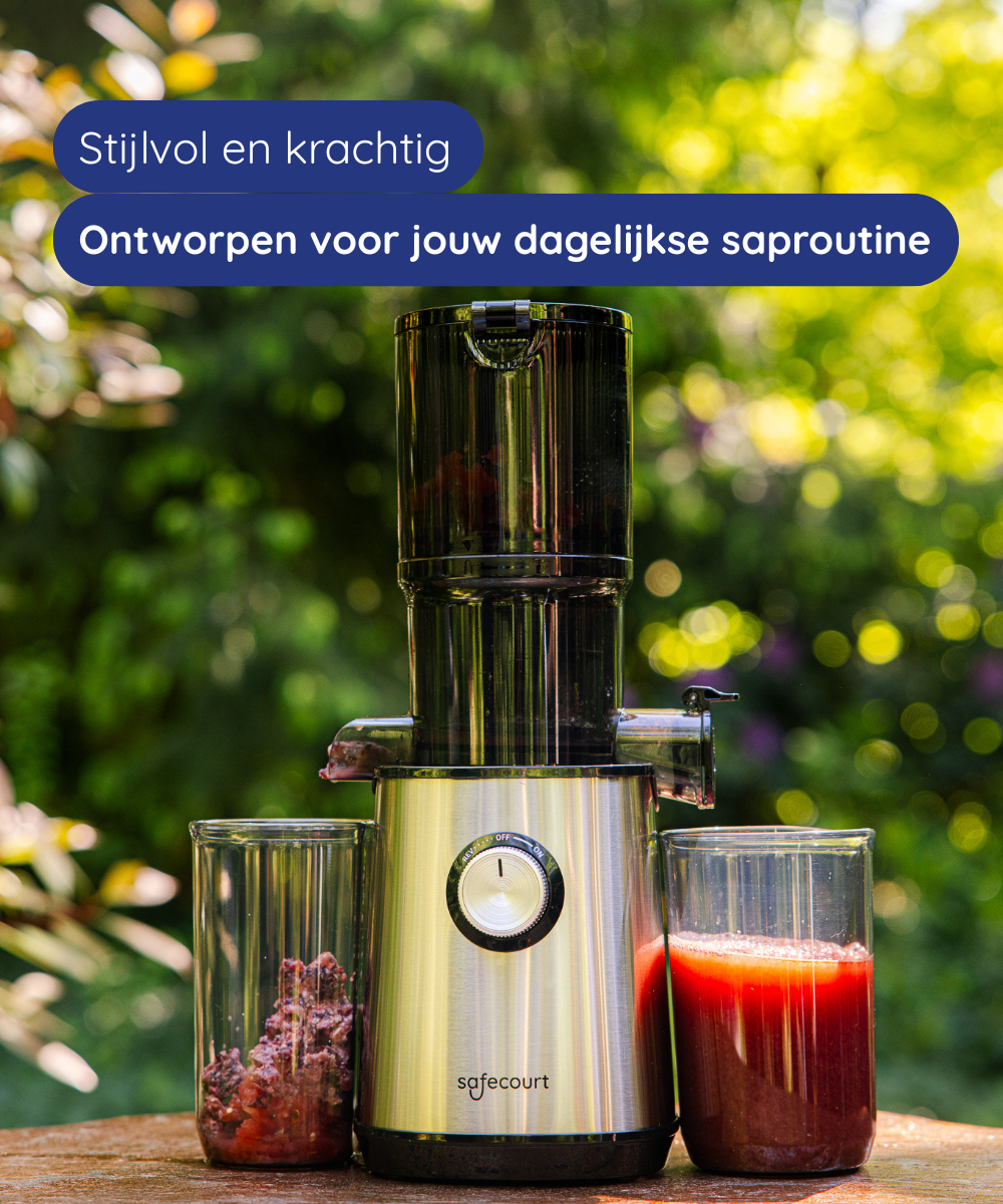 A juicer with juice and pulp in glasses. Text above reads: Stylish and powerful, designed for your daily juice routine.