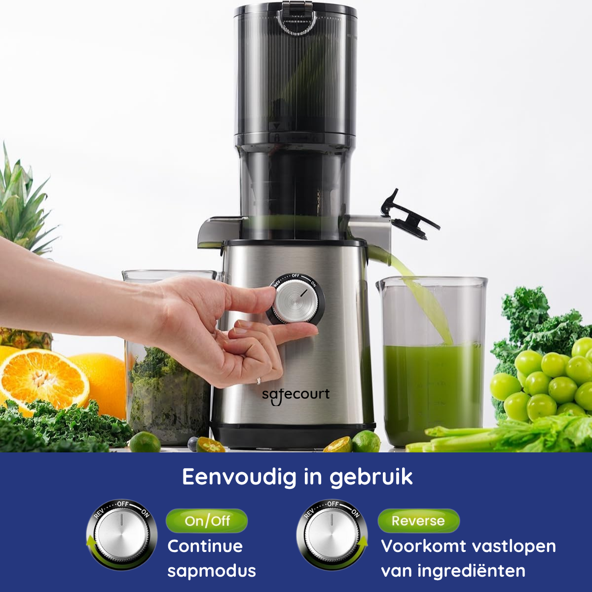 A juicer in action, with green juice pouring into a glass. Fruits like pineapple, grapes, and oranges are in the background.