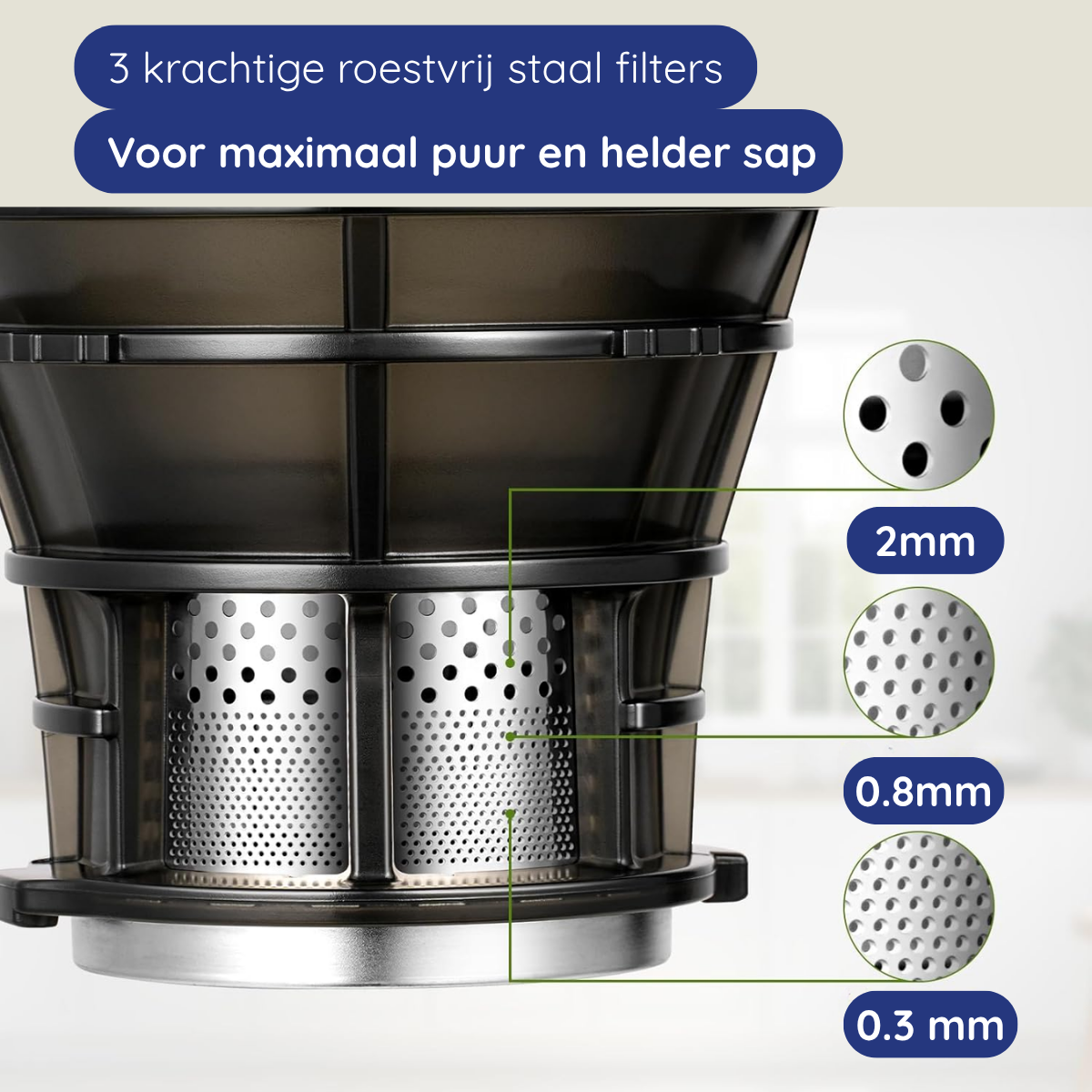 Image shows a juicer's filters: 2mm, 0.8mm, and 0.3mm. Text highlights '3 stainless steel filters' and 'pure, clear juice'.