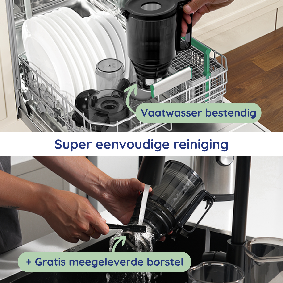 A person cleaning a black vacuum filter with a brush in a sink.  Dishes sit in a dishwasher in the background.