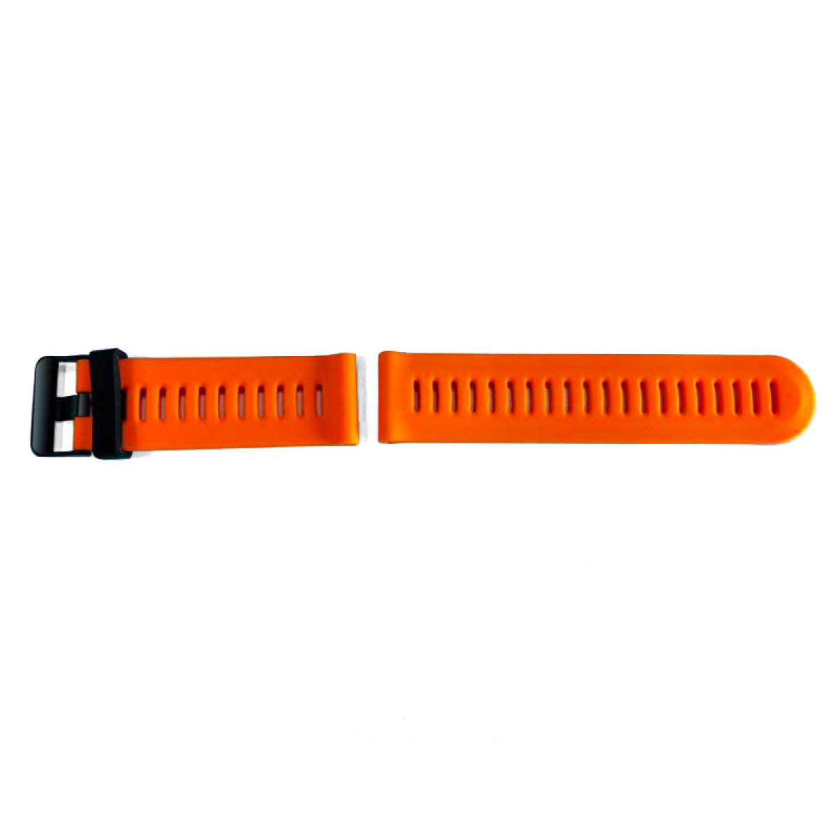 Getrenntes orangefarbenes Uhrenarmband. Ein Ende hat einen schwarzen Verschluss, das andere hat eine Reihe von Löchern und Schlitzen.