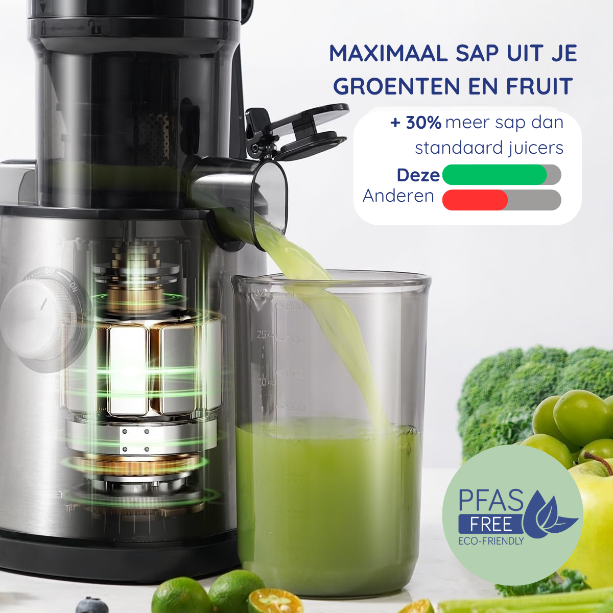 A juicer pouring green juice into a glass. Broccoli, apples, and limes are in the background. Text indicates more juice.