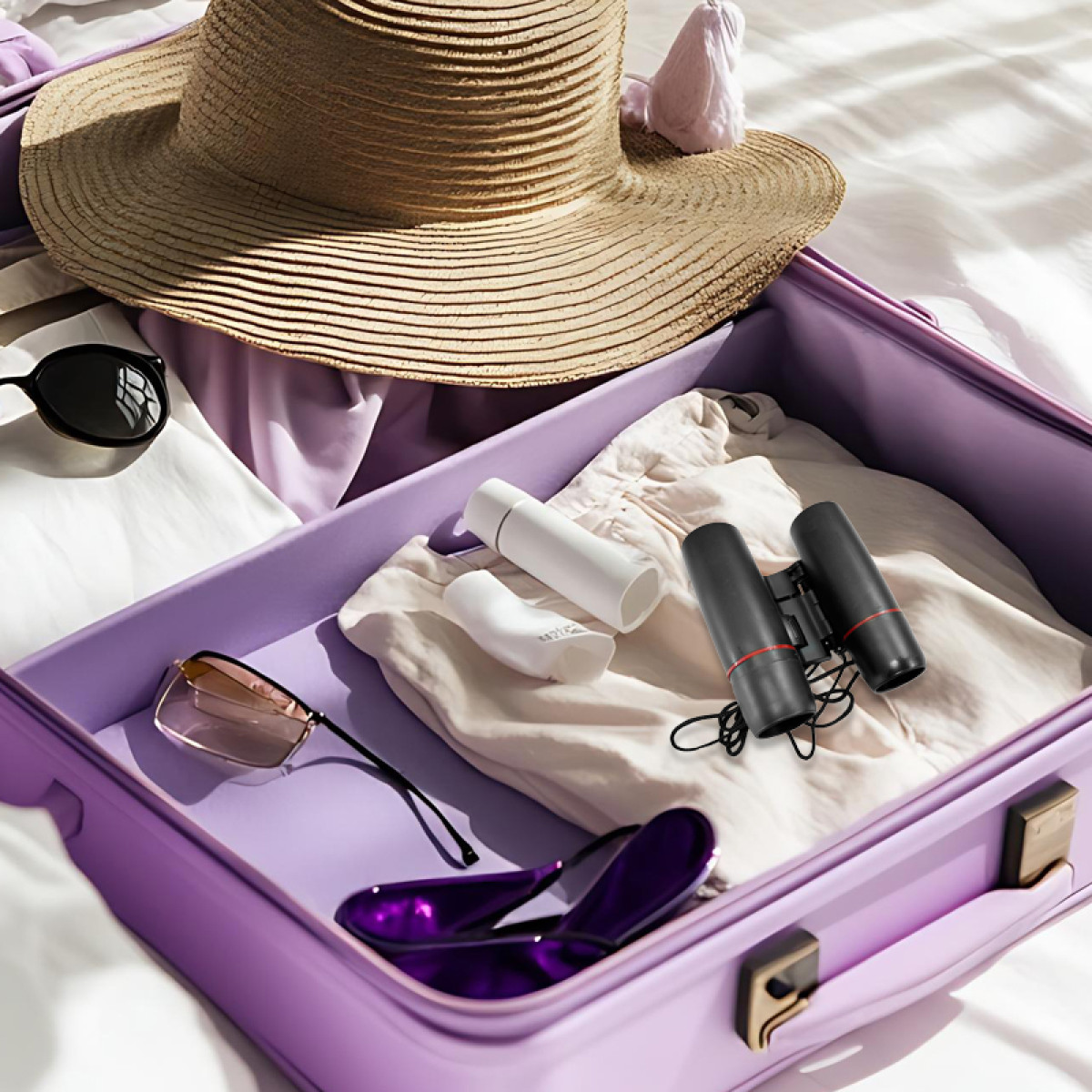 Otwarta fioletowa walizka z kapeluszem słomkowym, okularami przeciwsłonecznymi, lornetką i innymi niezbędnymi rzeczami podróżnymi na białej prześcieradle.