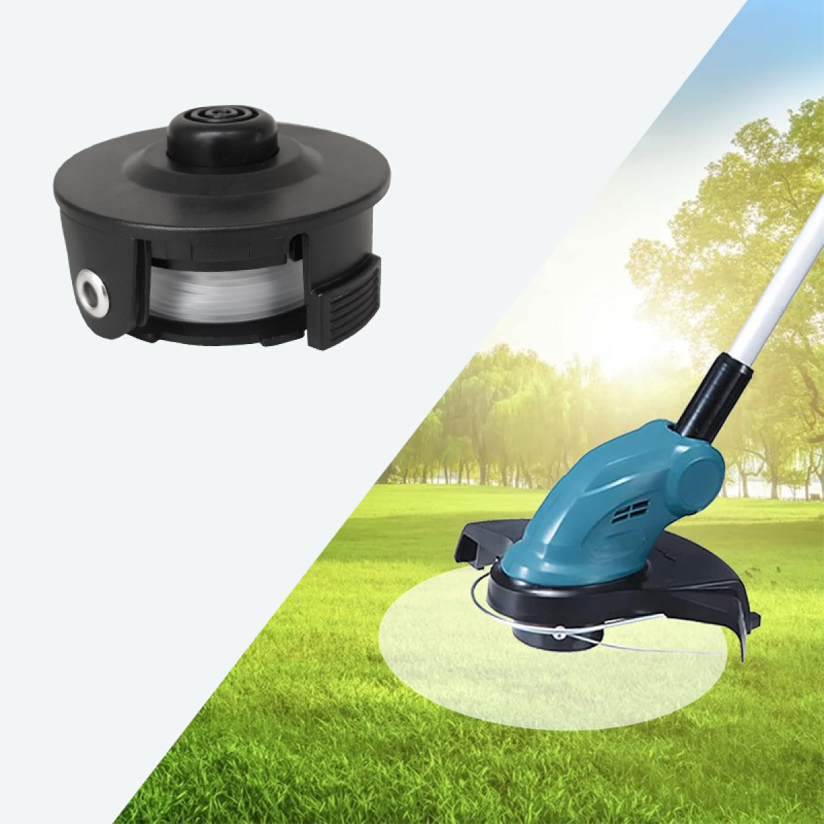 Głowica podkaszarki i podkaszarka w użyciu. Podkaszarka jest turkusowa i czarna. Tło przedstawia zieloną trawę i drzewa.