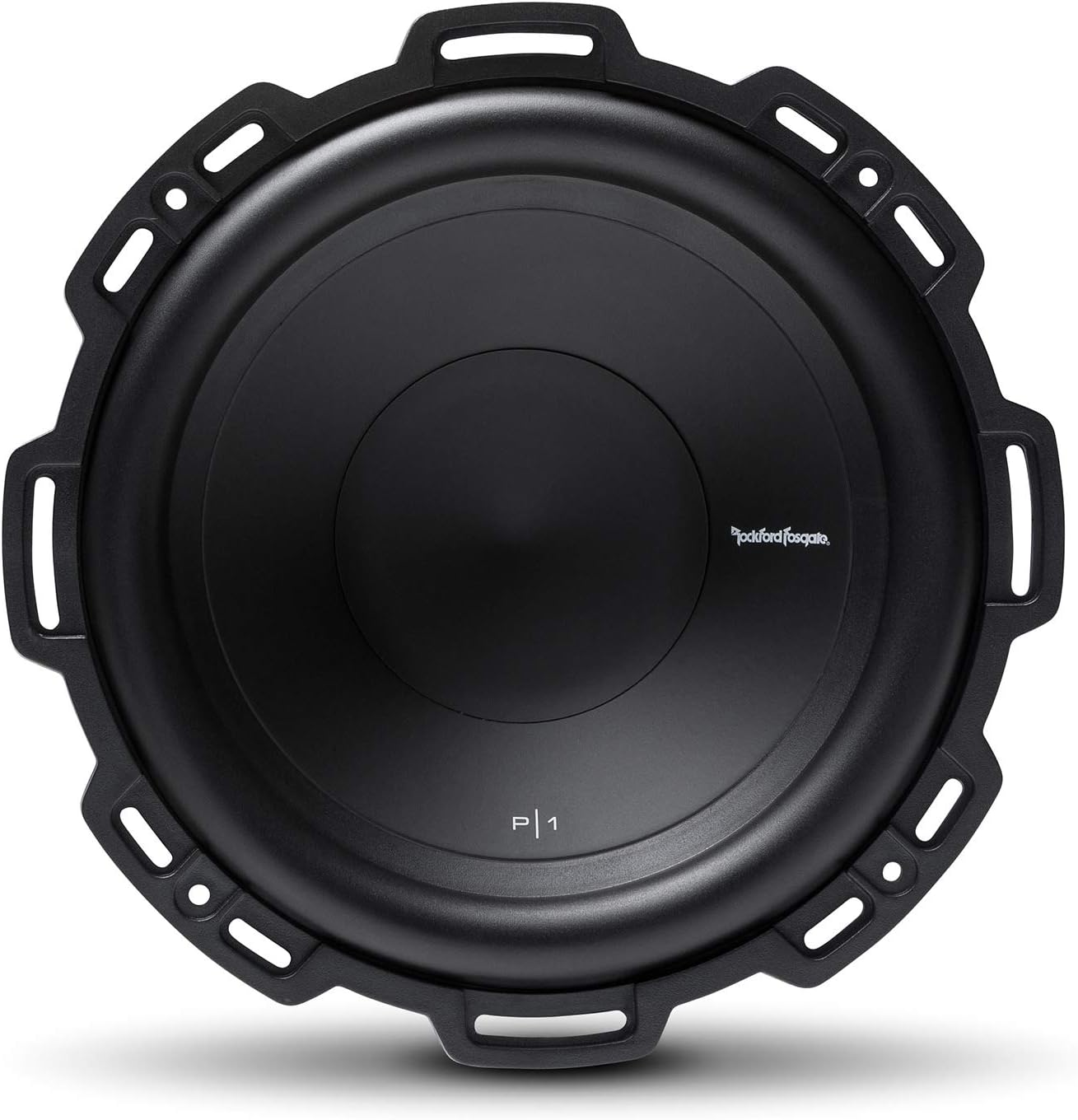 Ein schwarzer Subwoofer mit kreisförmigem Design. Er hat einen zentralen Konus, einen umlaufenden Rand und einen schützenden Außenrahmen.