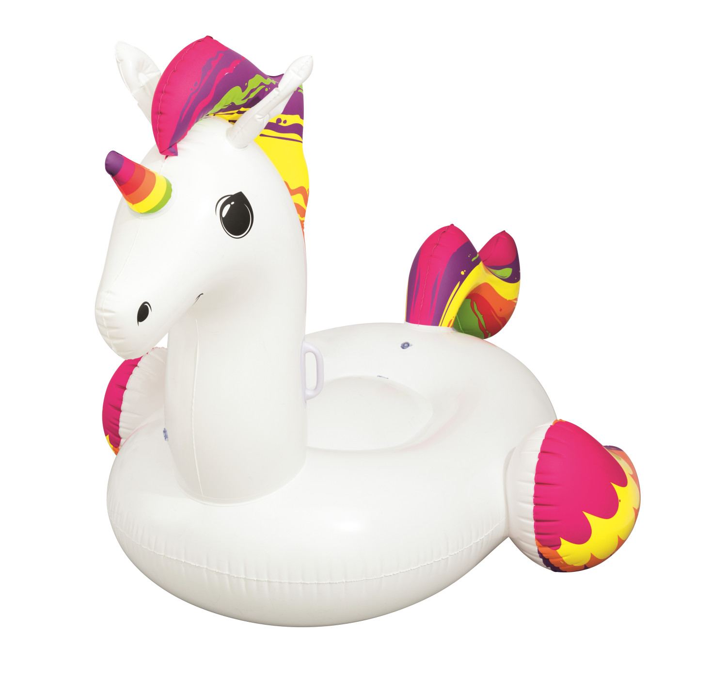 Un flotador inflable de unicornio blanco con cuerno y melena arcoíris, detalles rosas y amarillos y ojos negros.