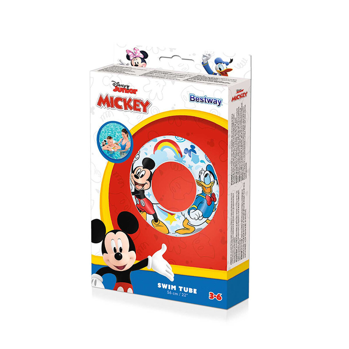 Una scatola di salvagente di Topolino. Mickey e Paperino sono sul salvagente. La scatola dice 'Salvagente' e 'Bestway'.