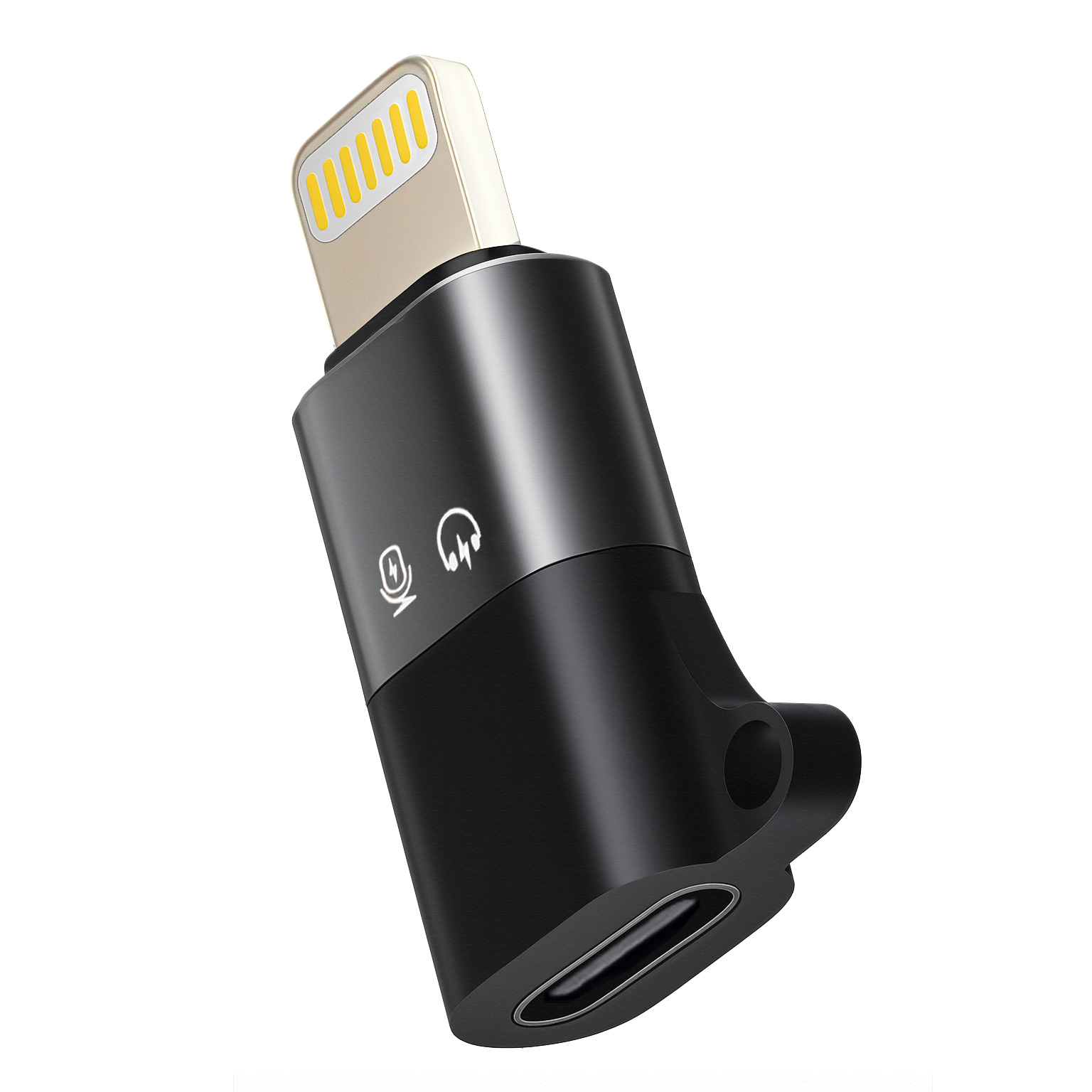 A black and silver adapter with a lightning connector, a USB-C port, and icons for microphone and audio output. Isolated on white.