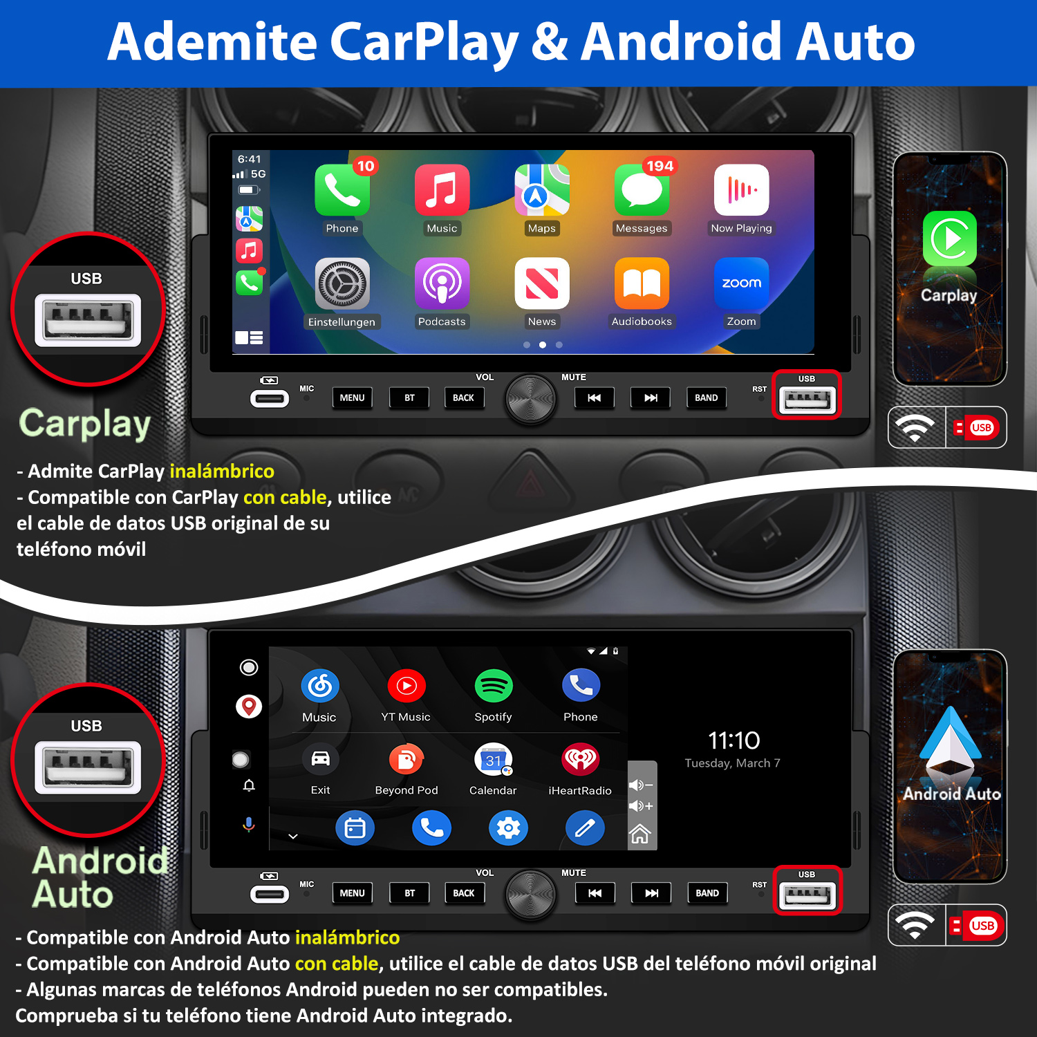 Pantalla de radio del coche con opciones de CarPlay y Android Auto y puertos USB.