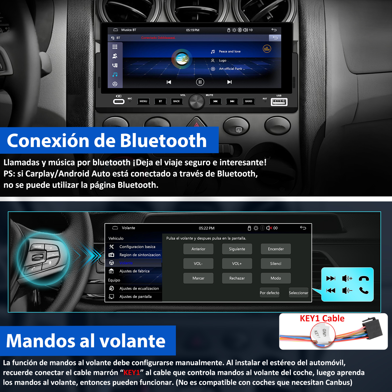 La pantalla del radio del coche muestra la conexión Bluetooth y los controles de música. También se muestran los controles del volante con detalles del cable.