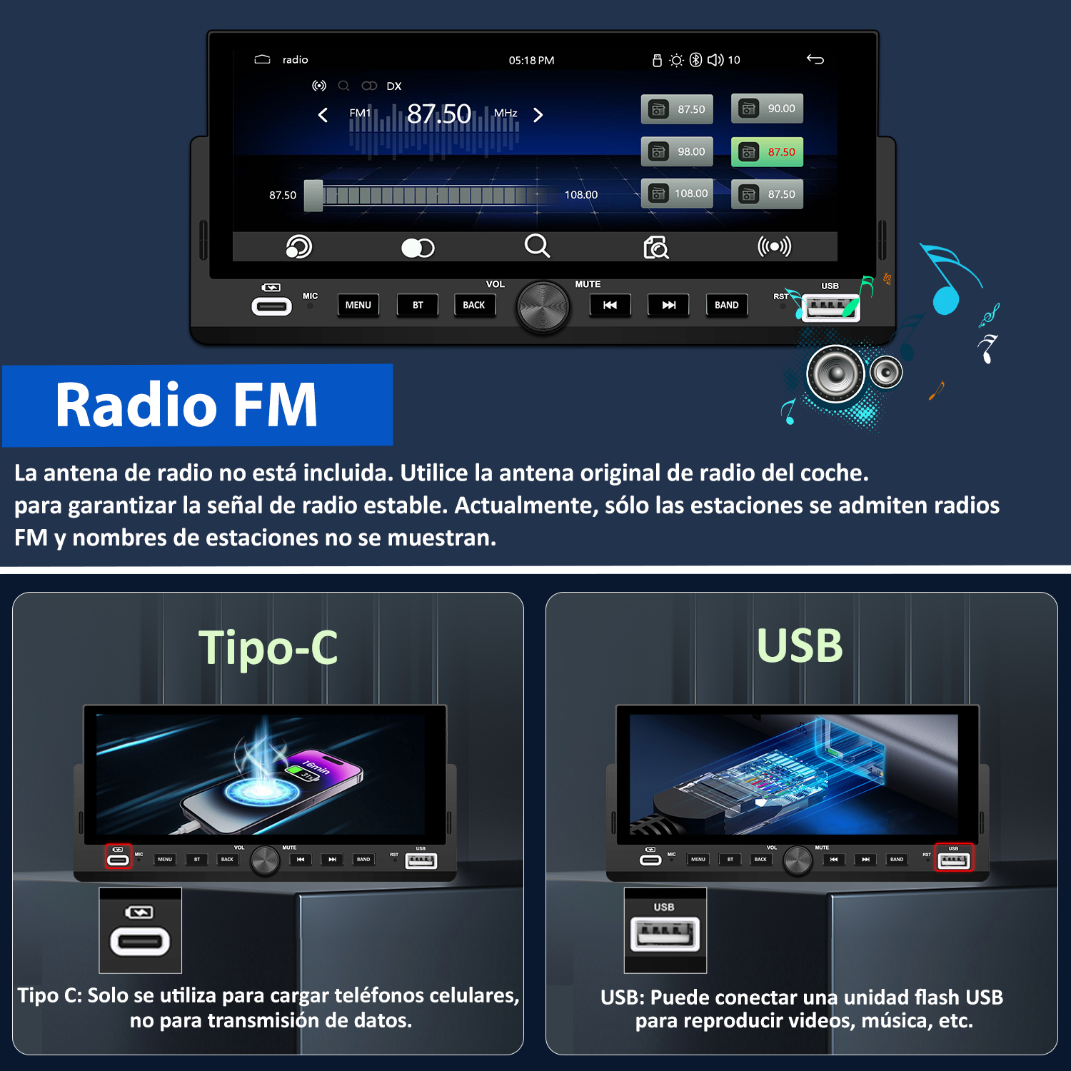 Pantalla de radio de coche con opciones de FM y puertos USB. Muestra conexiones de teléfono de carga y unidad flash.