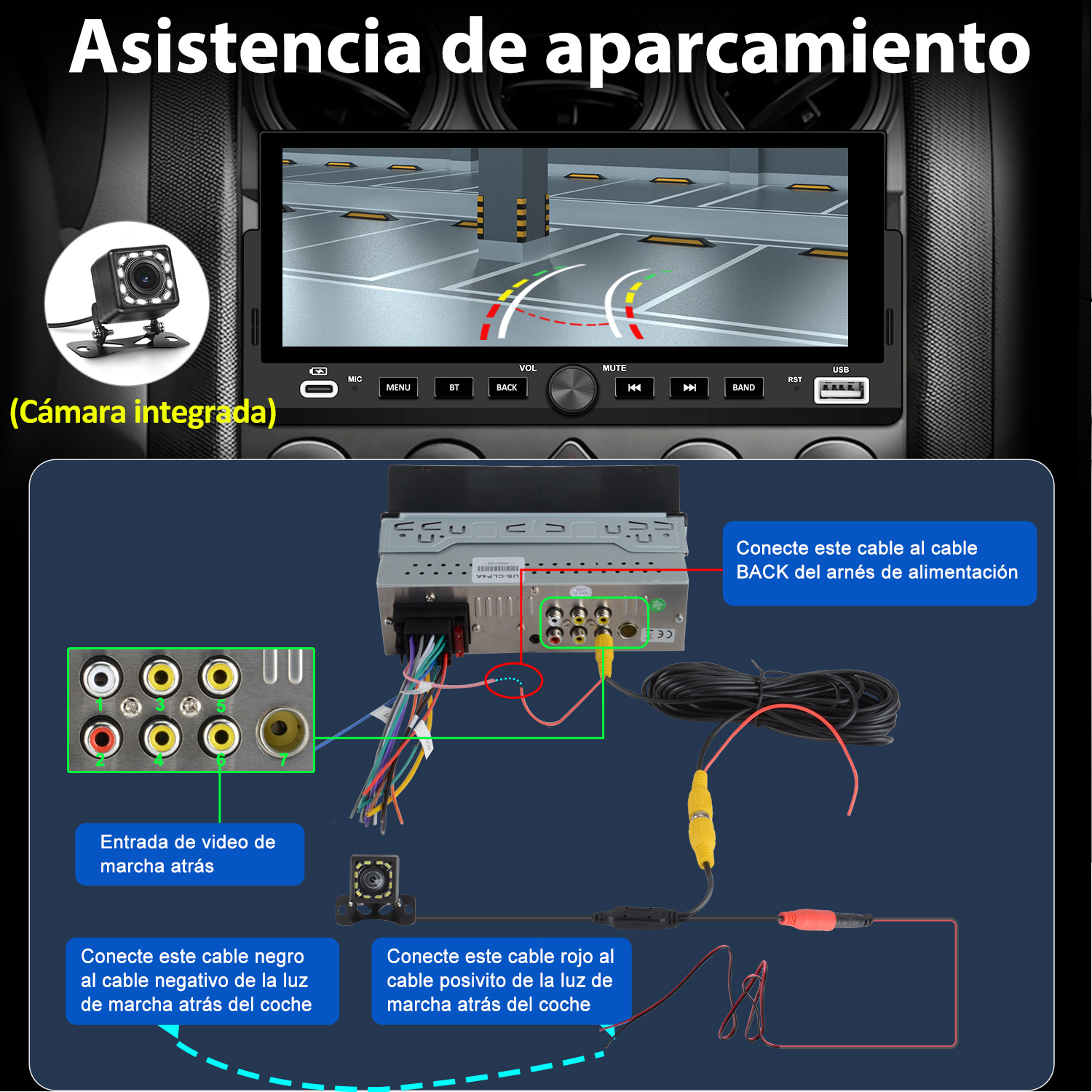 Diagrama del sistema de cámara de marcha atrás de un coche. Muestra la cámara, la pantalla y las conexiones para la instalación.