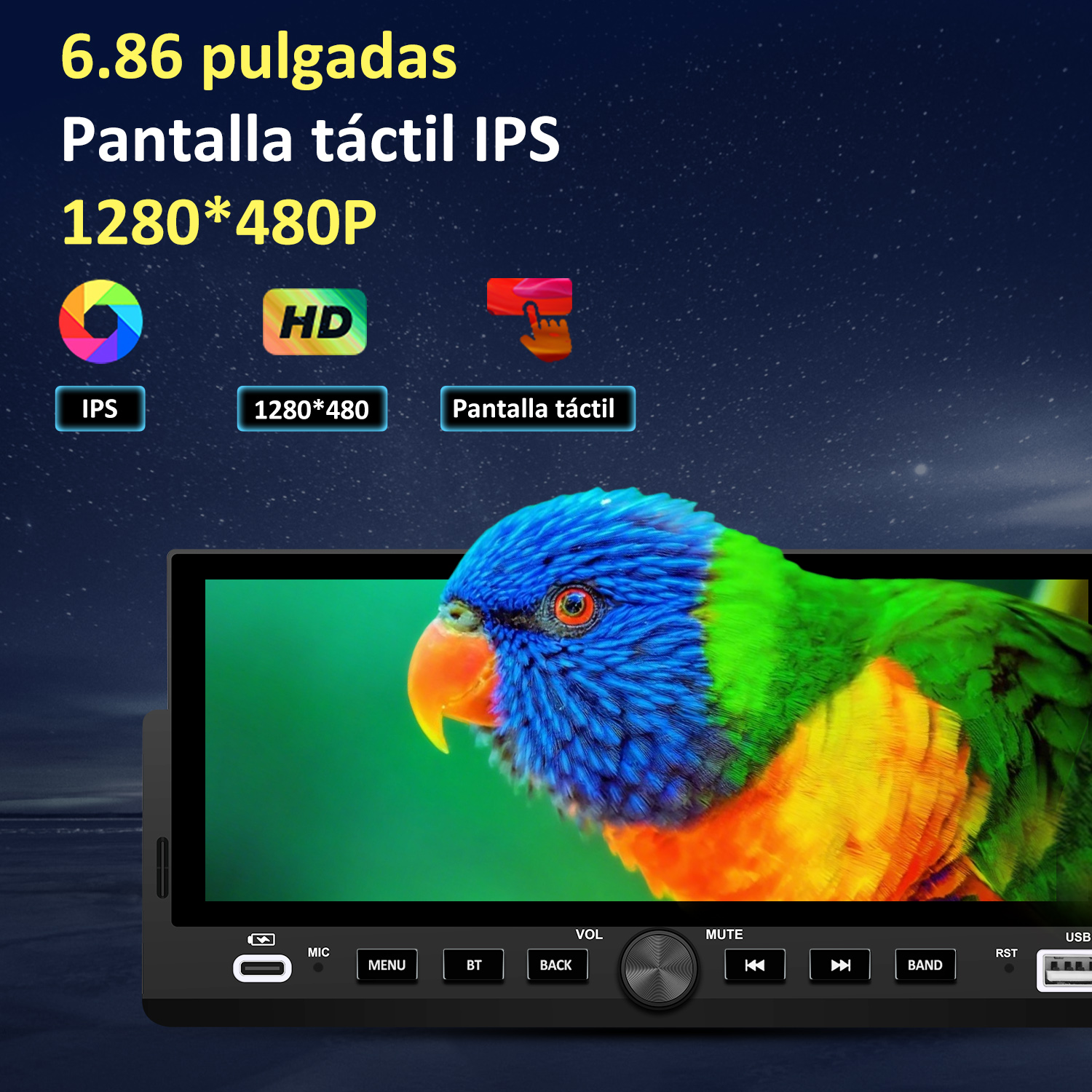 Una pantalla de radio de coche muestra un loro colorido. Arriba dice '6,86 pulgadas, pantalla táctil, 1280*480P'. Botones abajo.