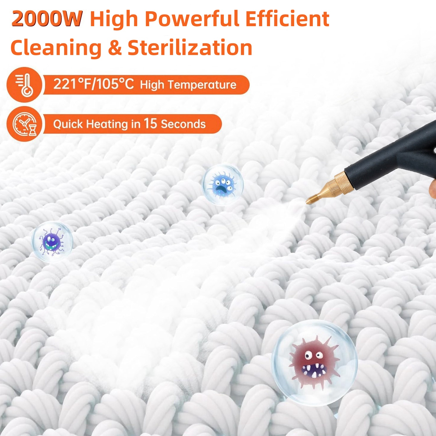 Dysza parownicy rozpyla na białej tkaninie. Grafika przedstawia wysoką temperaturę, szybkie nagrzewanie i ilustracje wirusów.