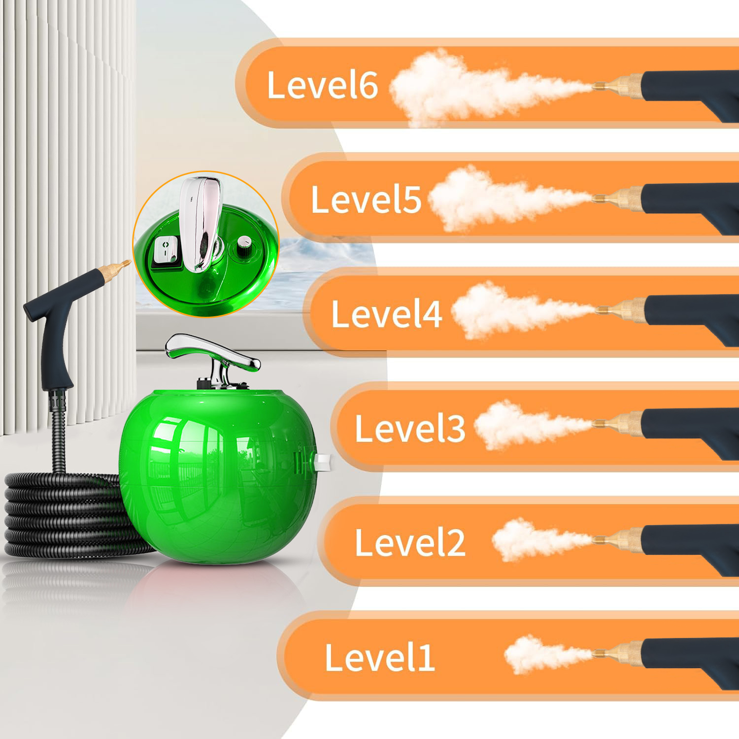 Zielona myjka parowa ze wskaźnikami poziomu. Wytwarzanie pary waha się od poziomu 1 do poziomu 6. Pokazuje różne ilości pary.