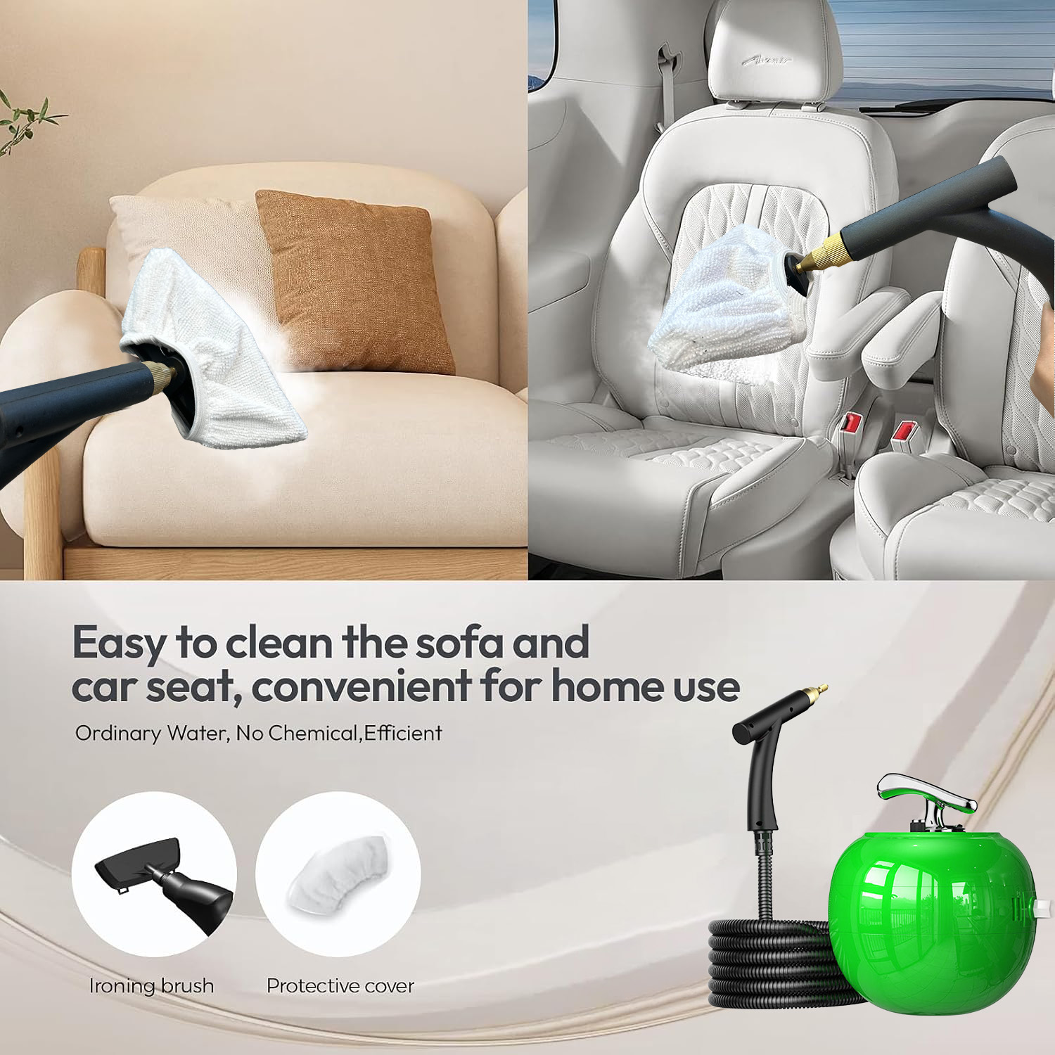 Obraz przedstawia czyszczenie sofy i siedzenia samochodowego za pomocą parownicy. Zawiera szczegóły dotyczące parownicy i jej akcesoriów.