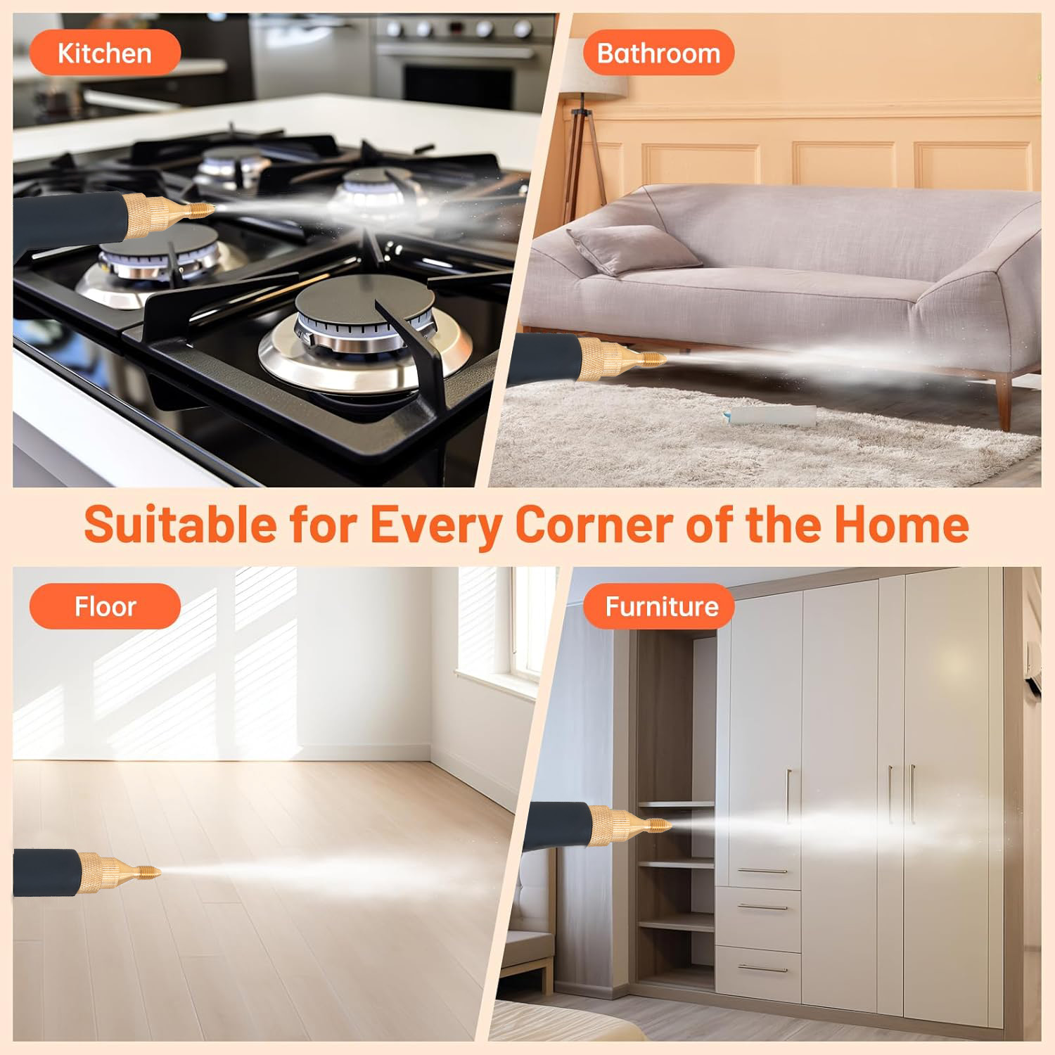 Obraz przedstawia narzędzie do czyszczenia rozpylające w kuchni, łazience, podłodze i meblach, promujące użytkowanie w domu.