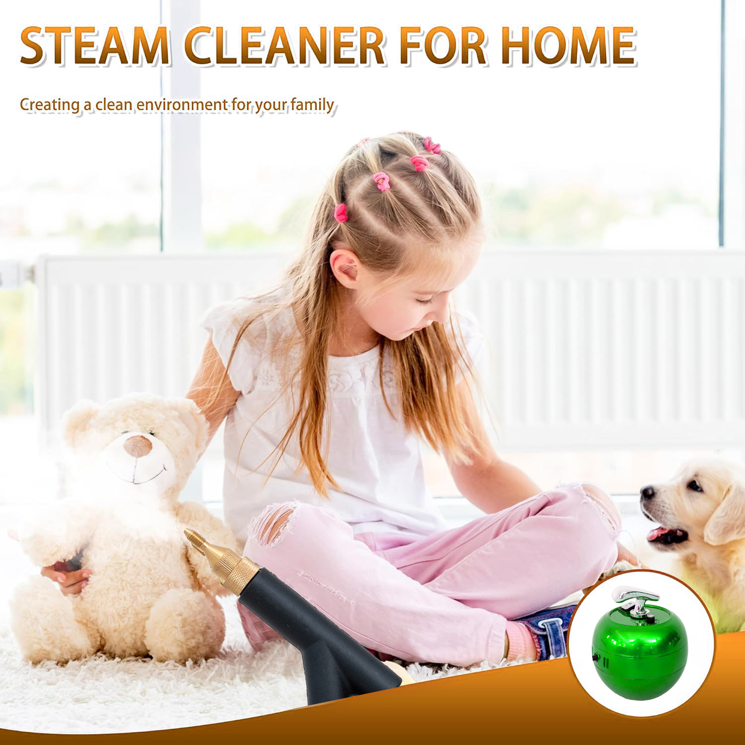 Dziewczynka siedzi na dywanie, trzymając odkurzacz parowy. Pies i miś z obu stron. Tekst: 'Odkurzacz parowy do domu'.